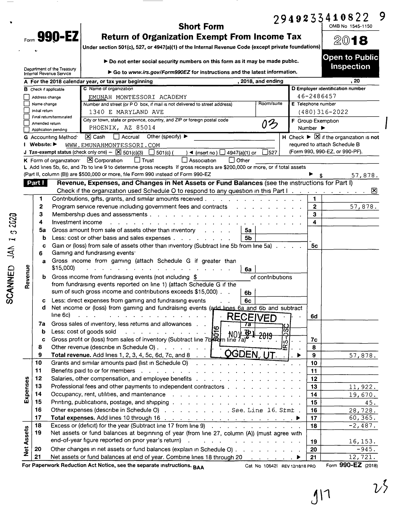 Image of first page of 2018 Form 990EZ for Emunah Montessori Academy