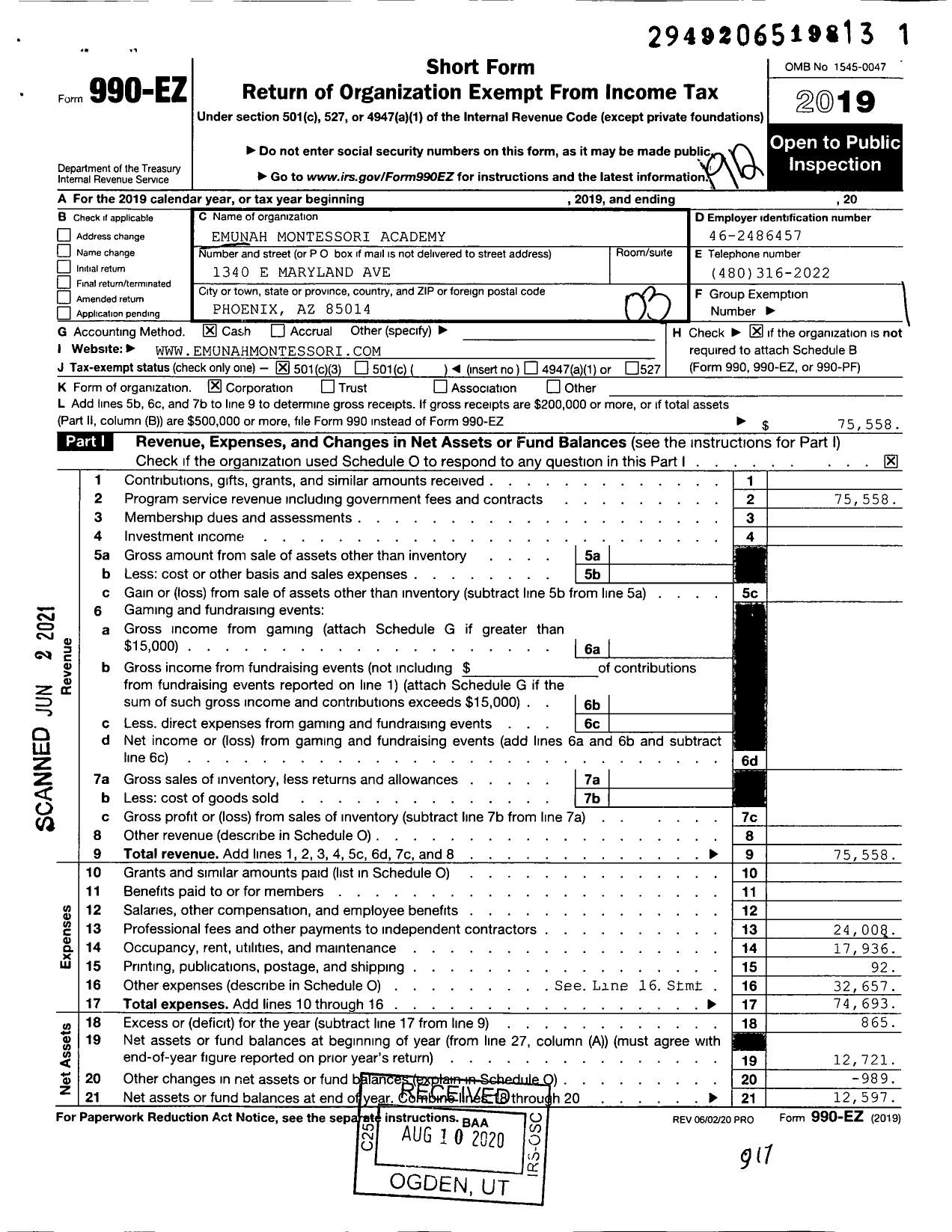 Image of first page of 2019 Form 990EZ for Emunah Montessori Academy