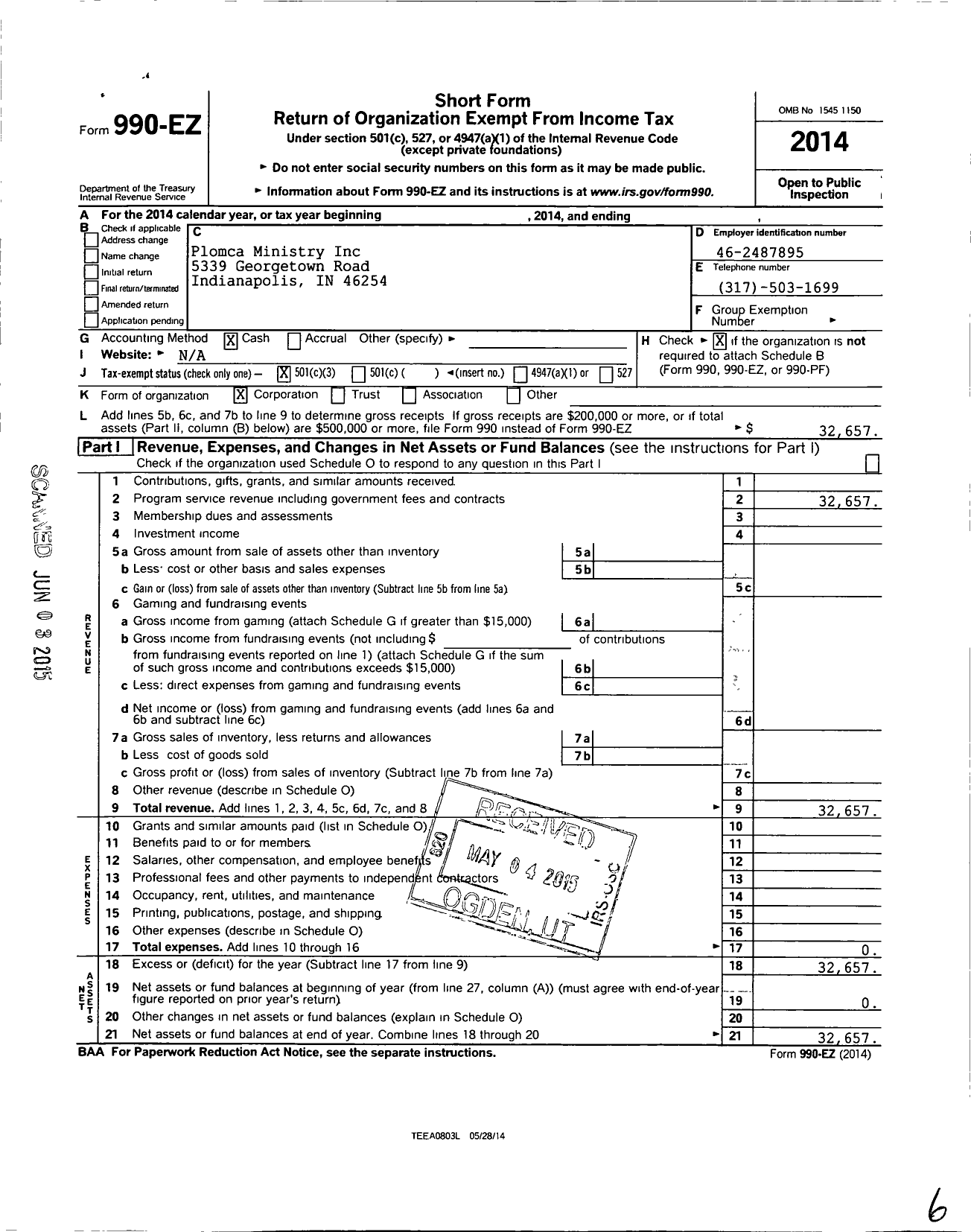 Image of first page of 2014 Form 990EZ for Plomca Ministry