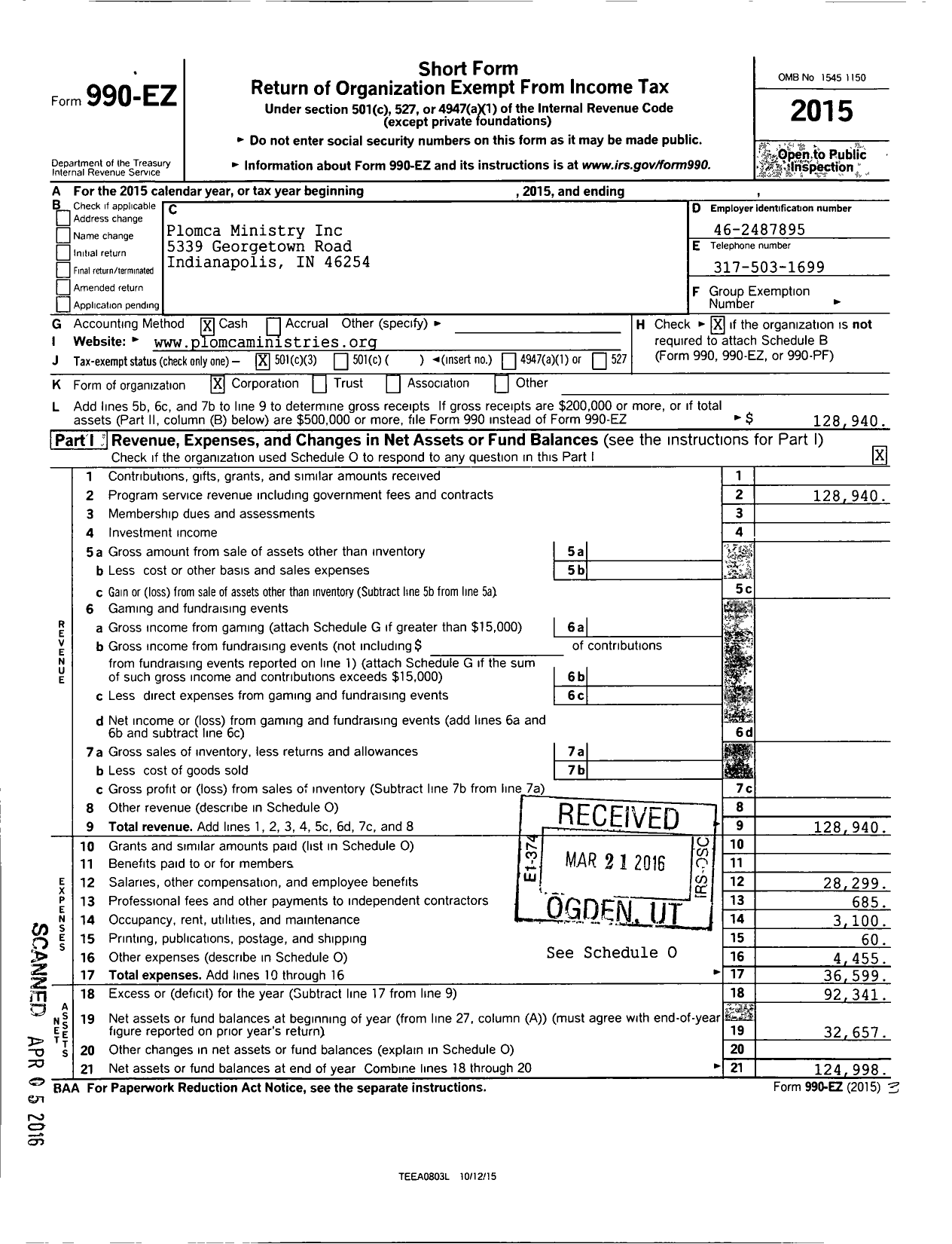 Image of first page of 2015 Form 990EZ for Plomca Ministry