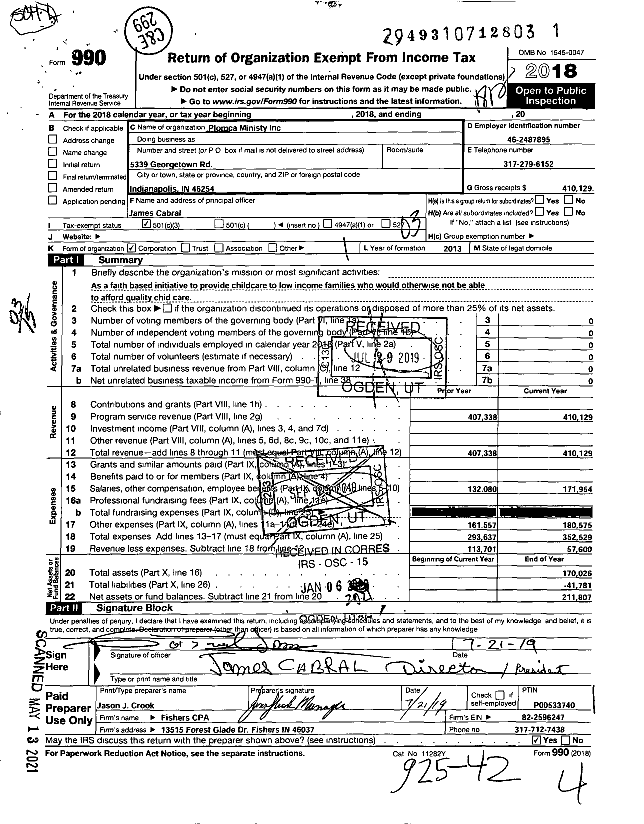 Image of first page of 2018 Form 990 for Plomca Ministry