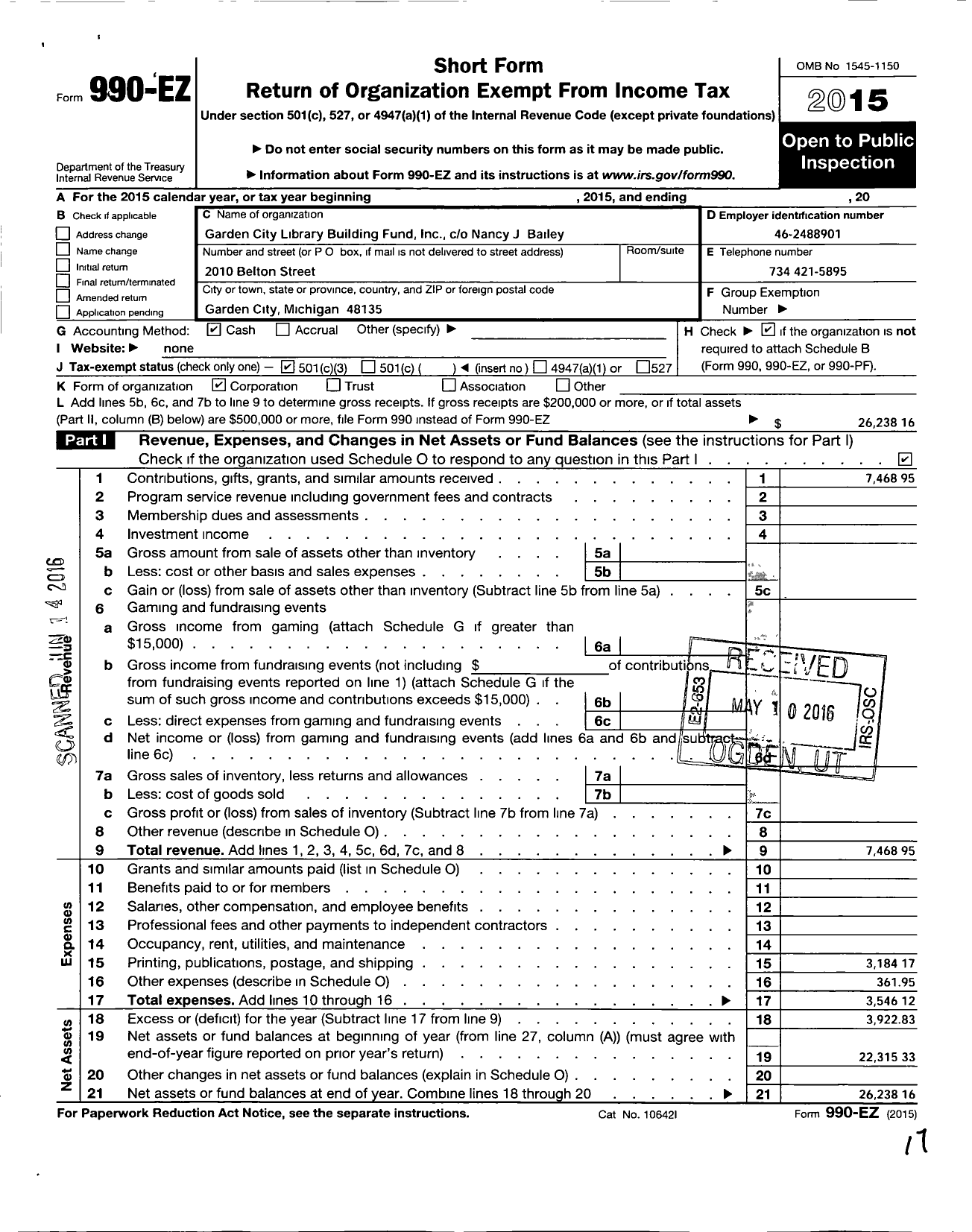 Image of first page of 2015 Form 990EZ for Garden City Library Fund