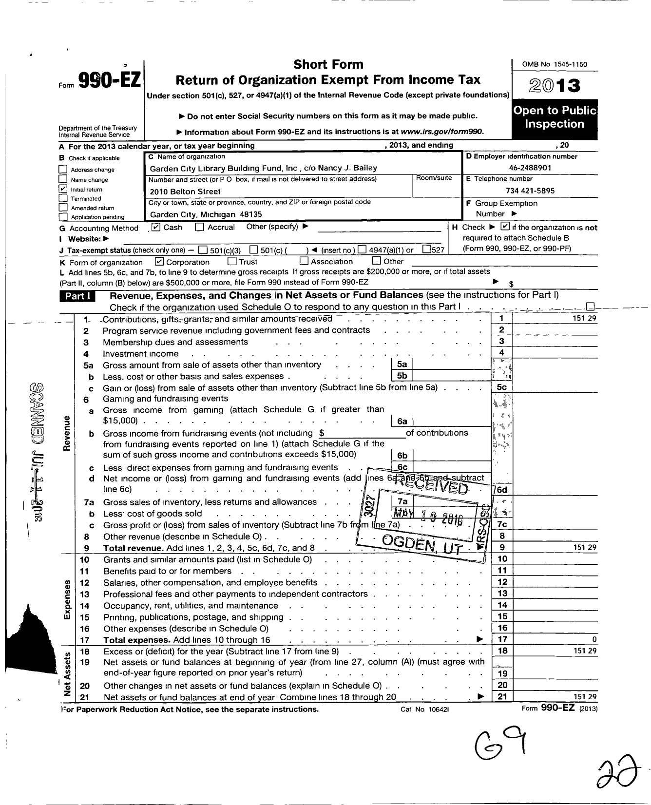 Image of first page of 2013 Form 990EO for Garden City Library Fund