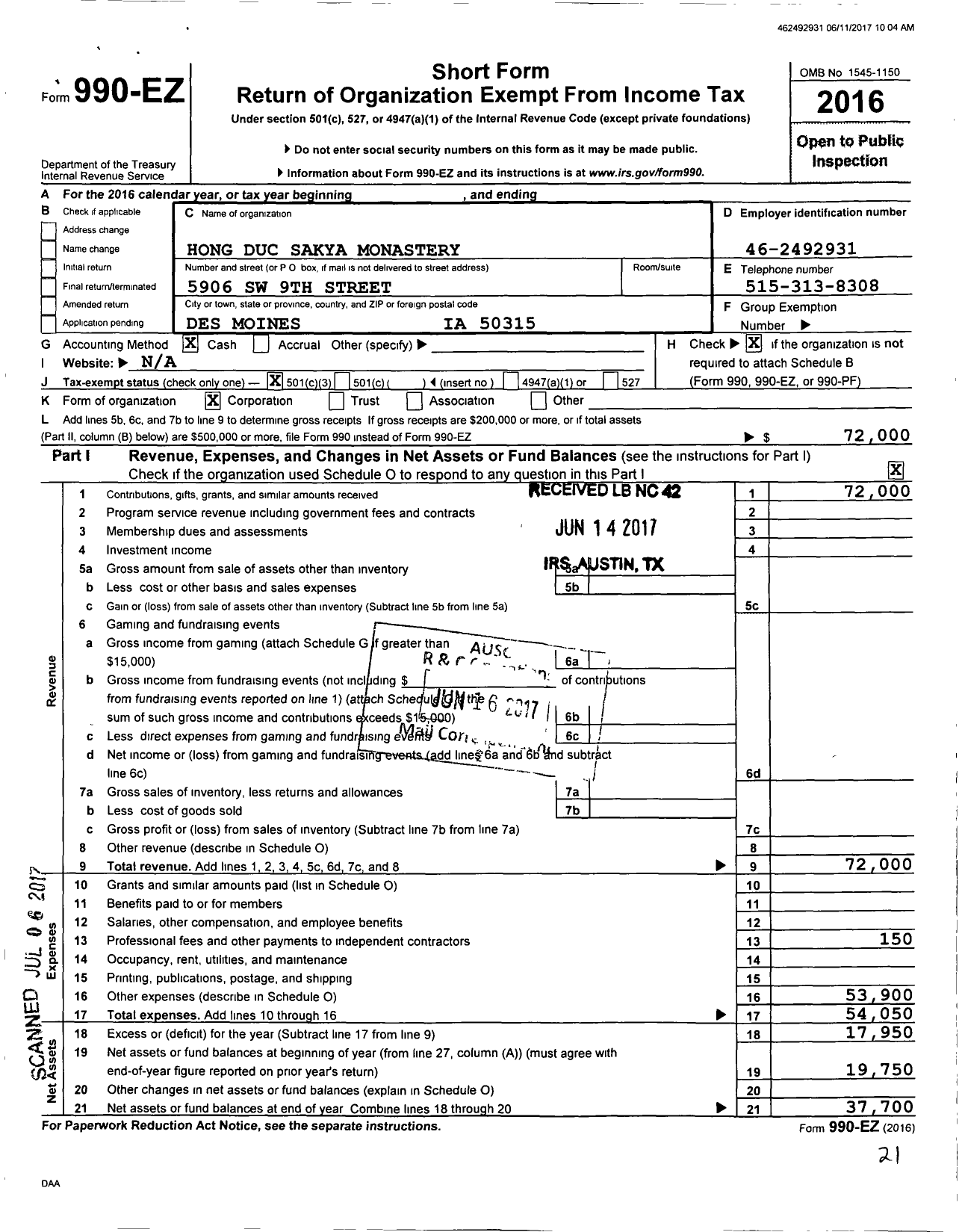 Image of first page of 2016 Form 990EZ for Hong Duc Sakya Monastery