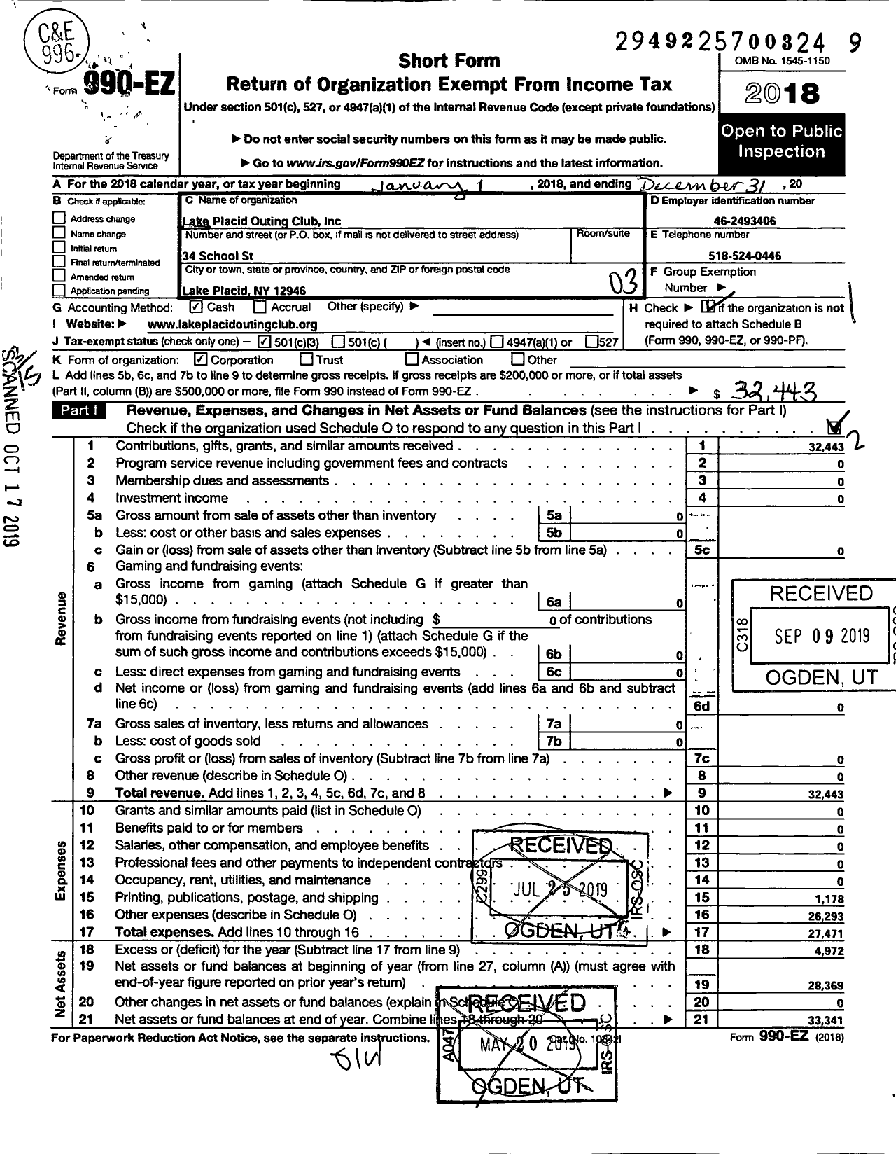 Image of first page of 2018 Form 990EZ for Lake Placid Outing Club