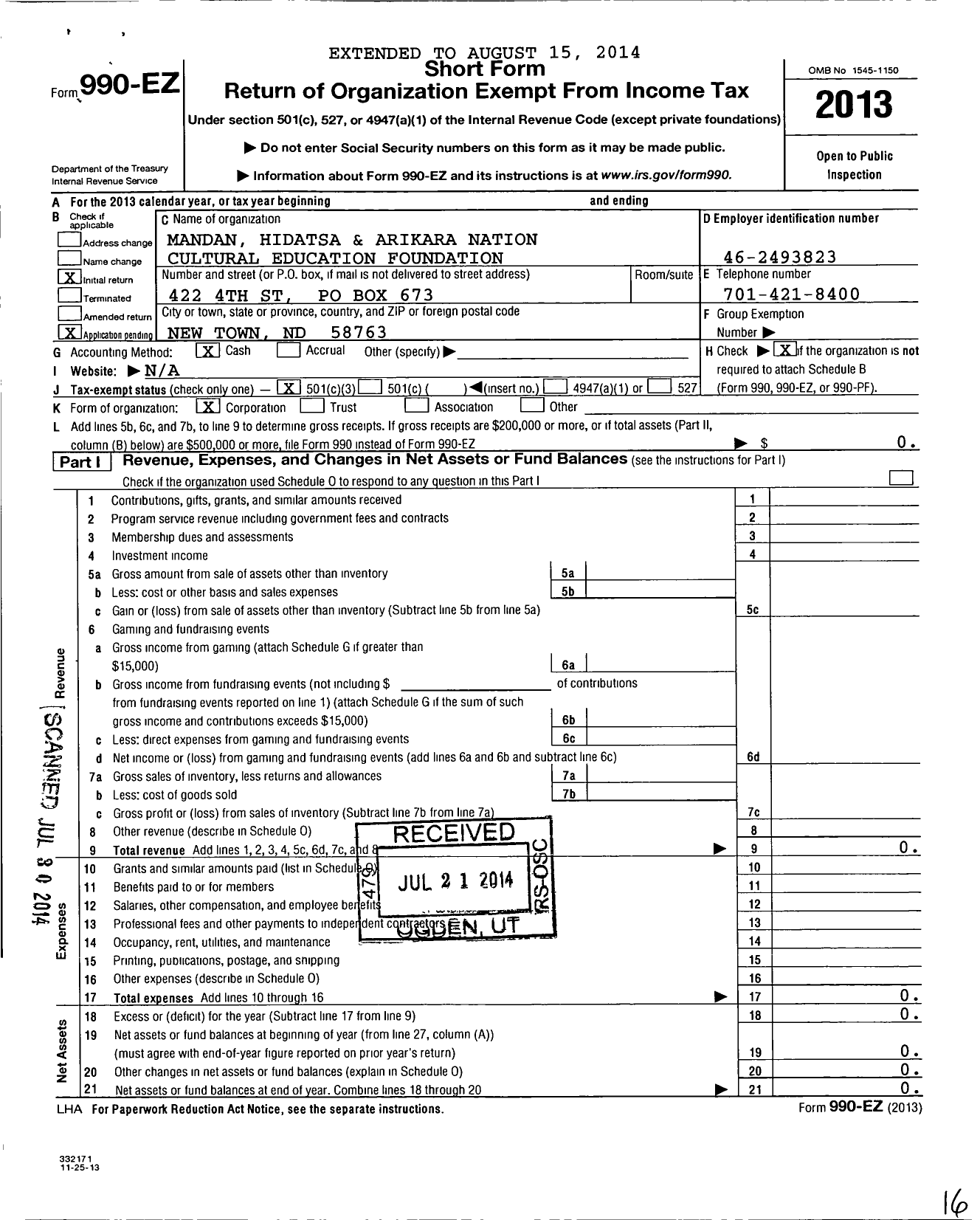 Image of first page of 2013 Form 990EZ for Mandan Hidatsa and Arikara Nation Cultural Education Foundation