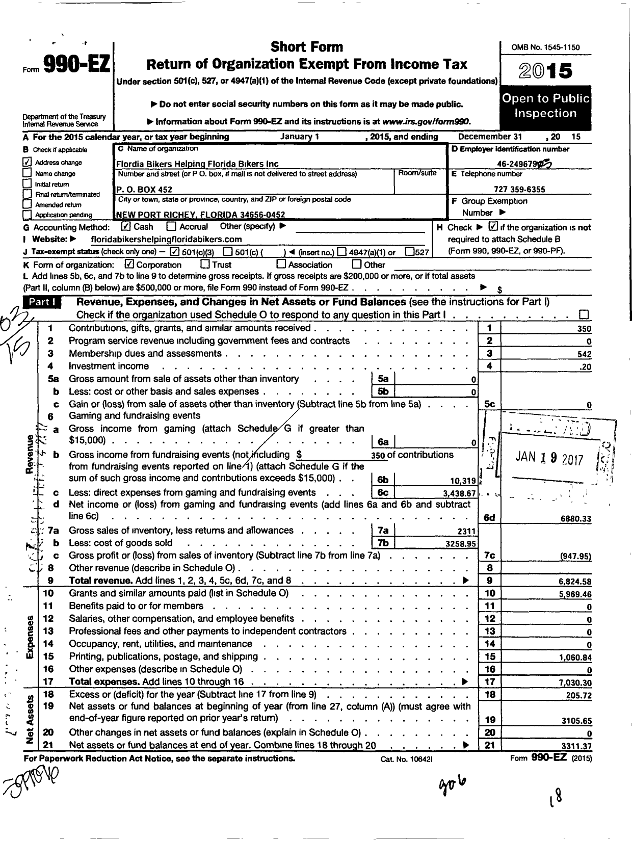 Image of first page of 2015 Form 990EZ for Florida Bikers Helping Florida Bikers