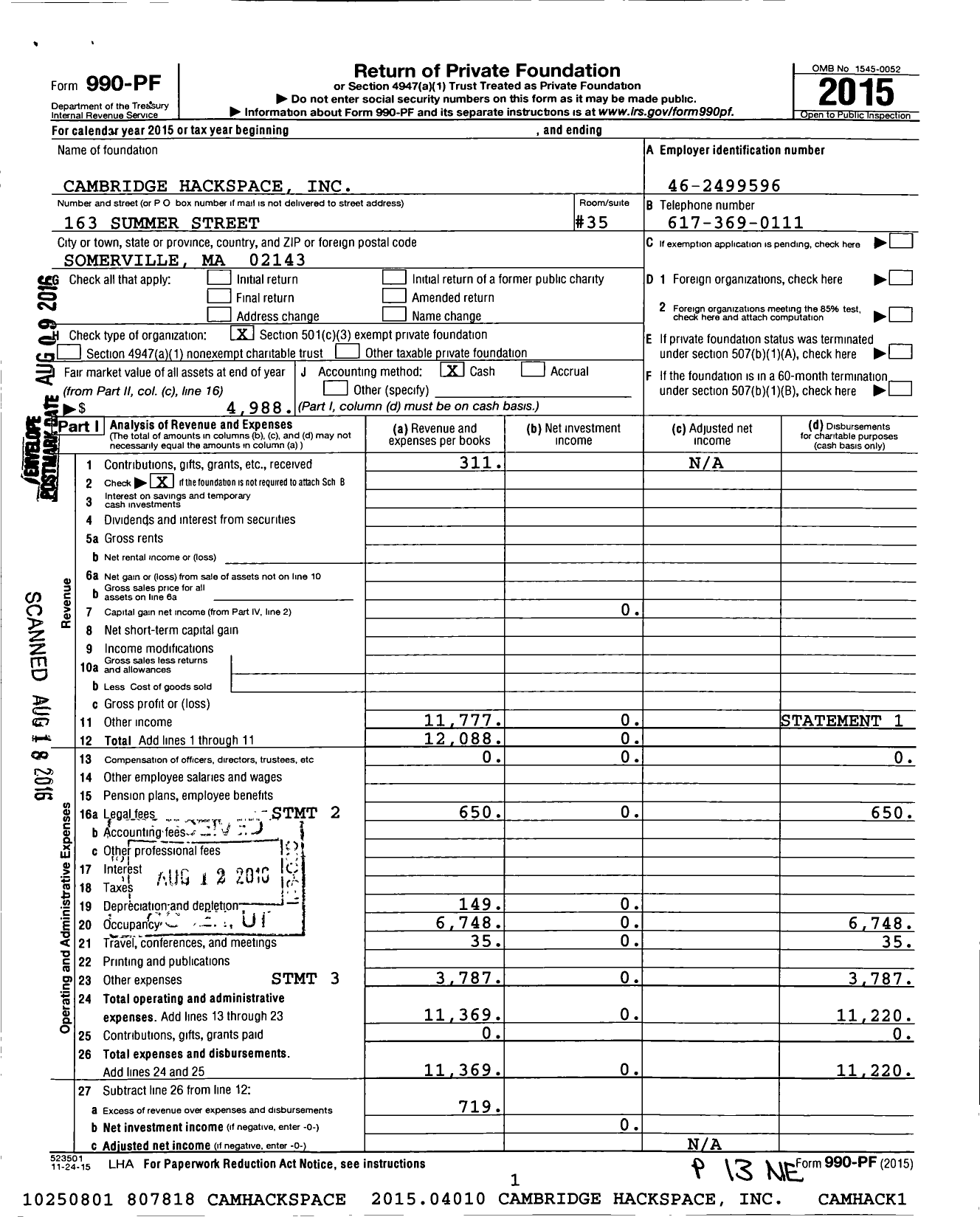 Image of first page of 2015 Form 990PF for Cambridge Hackspace