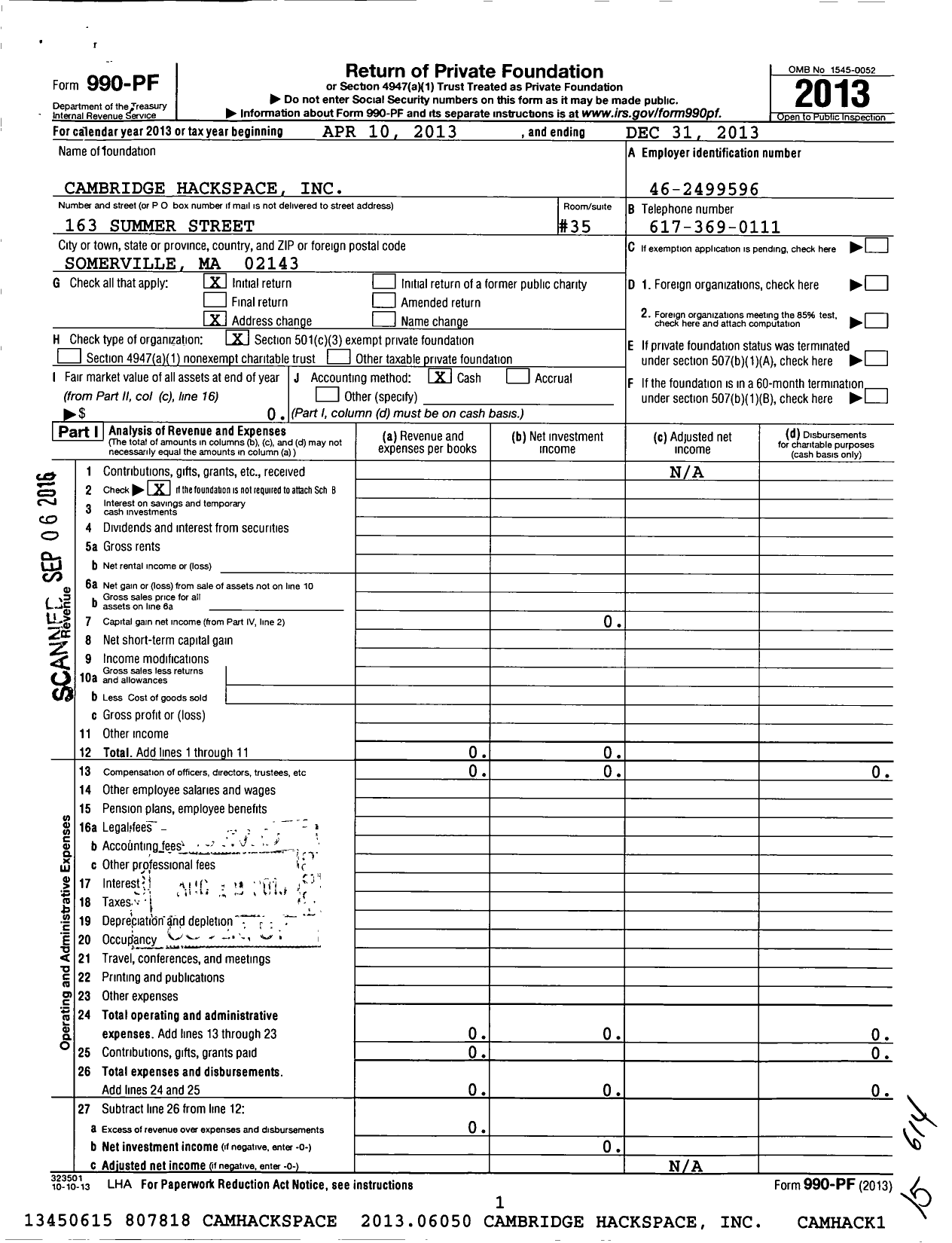 Image of first page of 2013 Form 990PF for Cambridge Hackspace