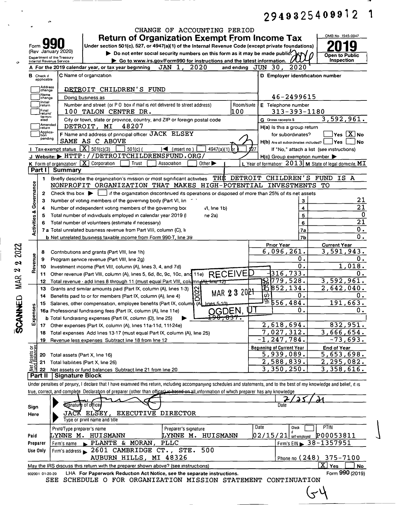 Image of first page of 2019 Form 990 for Detroit Children's Fund