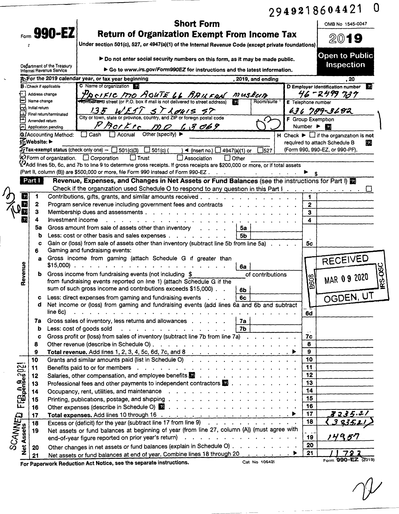 Image of first page of 2019 Form 990EZ for Pacific MO Route 66 Railroad Museum