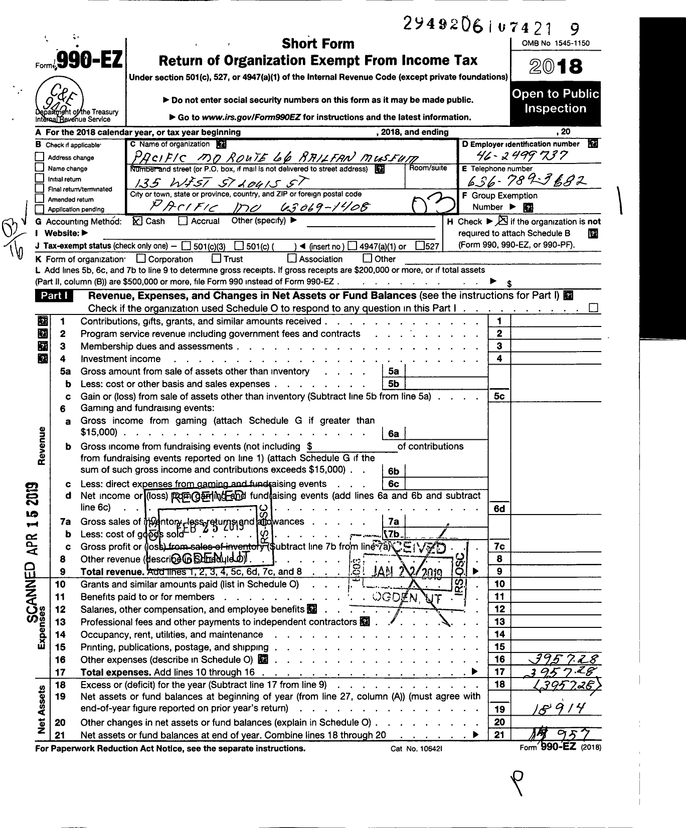 Image of first page of 2018 Form 990EZ for Pacific MO Route 66 Railroad Museum