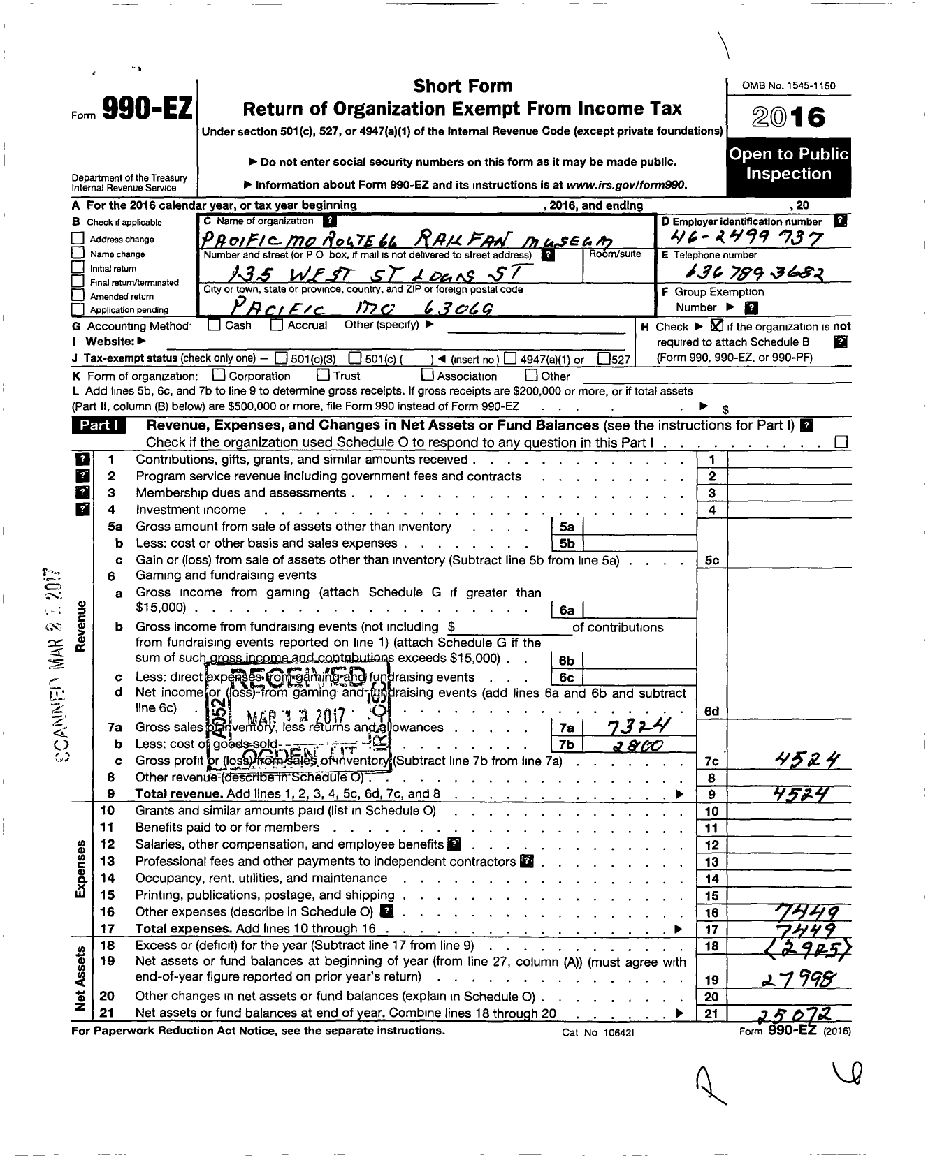 Image of first page of 2016 Form 990EO for Pacific MO Route 66 Railroad Museum