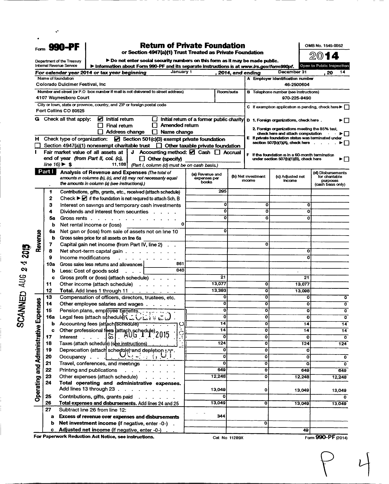 Image of first page of 2014 Form 990PF for Colorado Dulcimer Festival