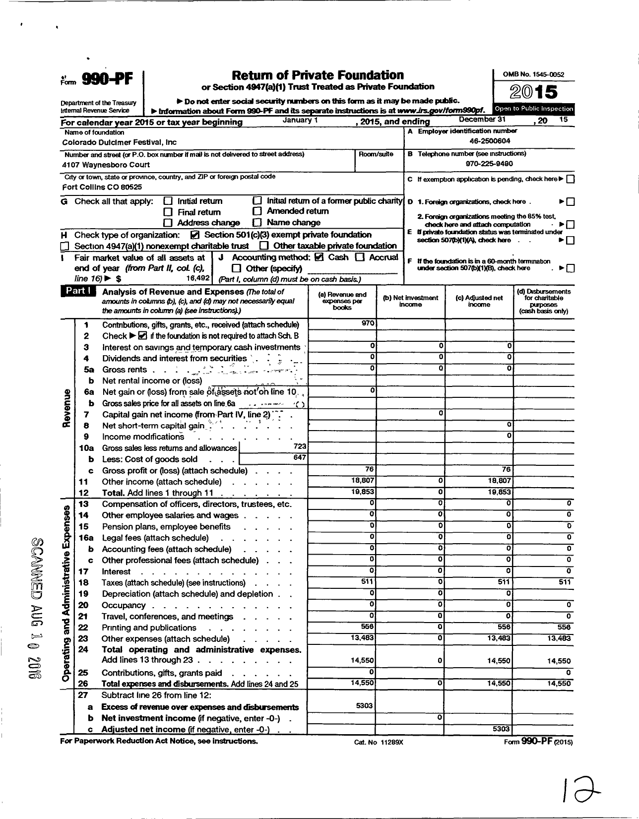 Image of first page of 2015 Form 990PF for Colorado Dulcimer Festival