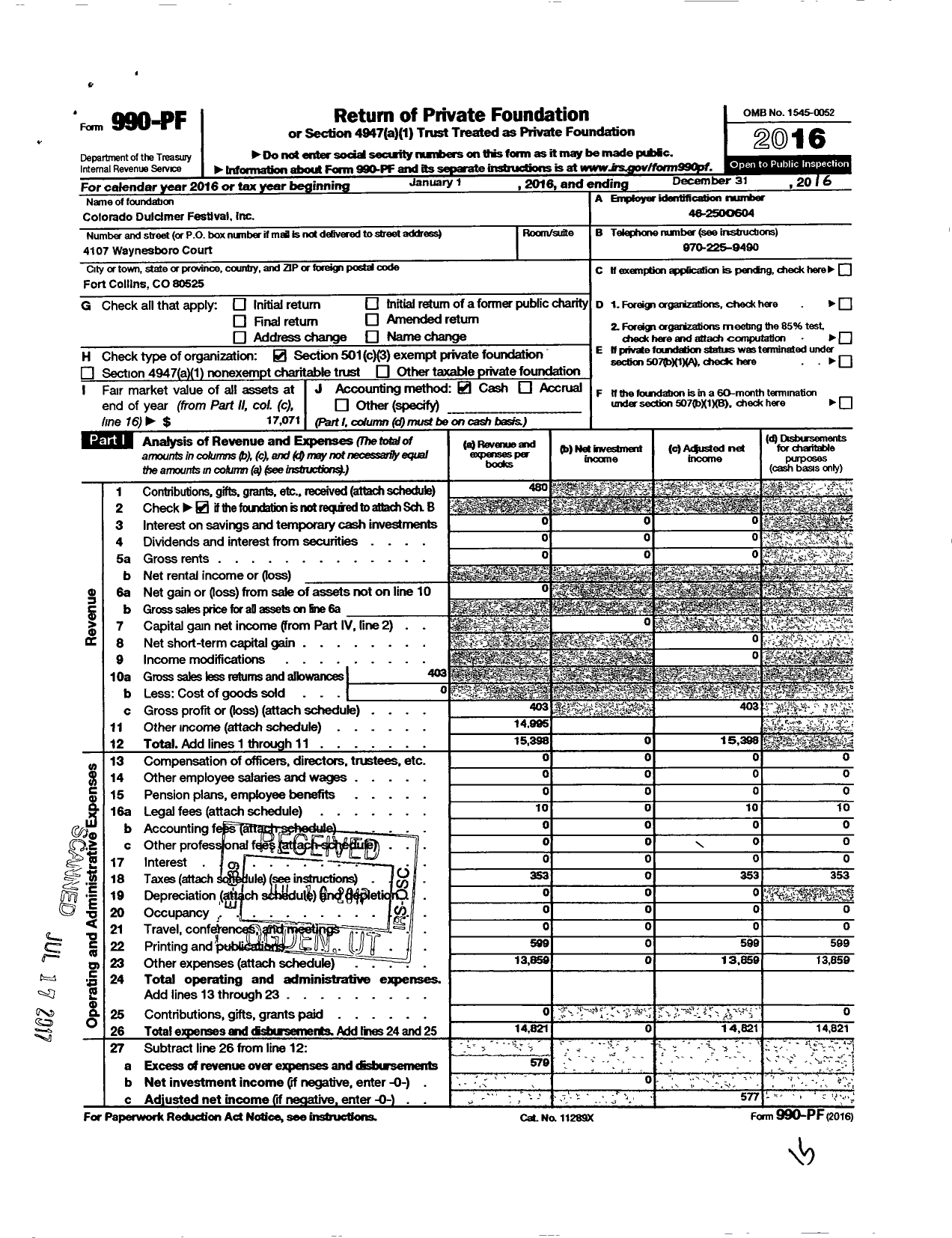 Image of first page of 2016 Form 990PF for Colorado Dulcimer Festival