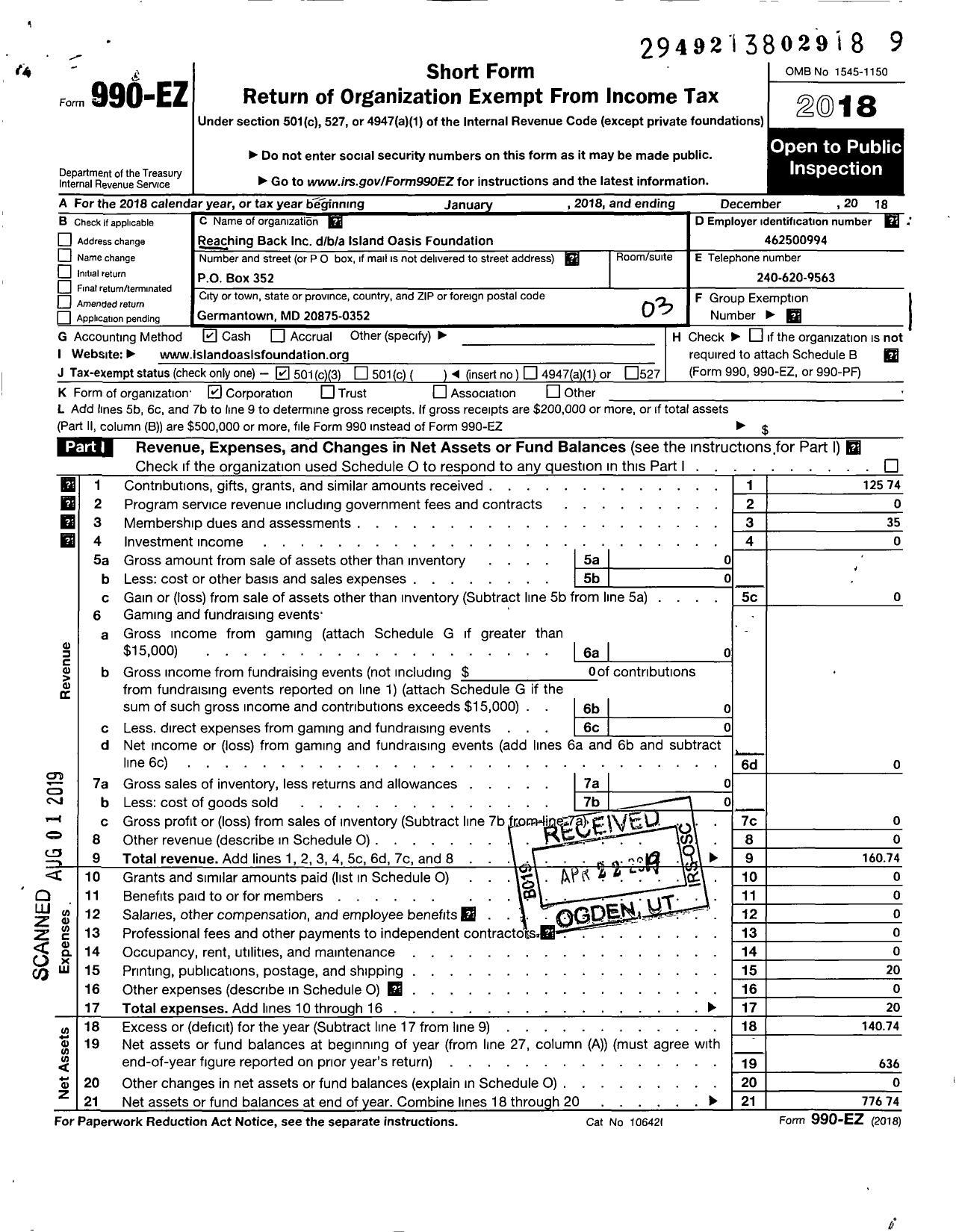 Image of first page of 2018 Form 990EZ for REACHING BACK / Island Oasis Foundation