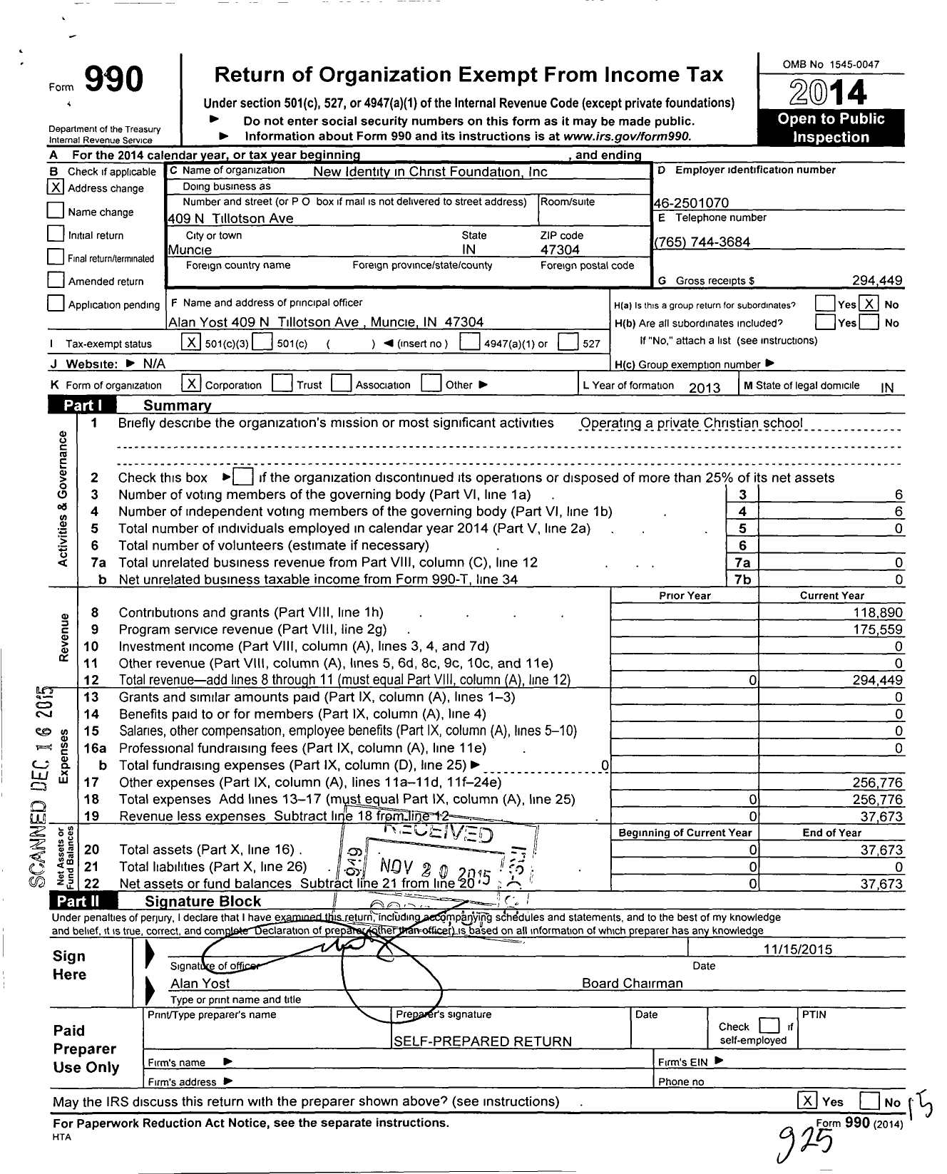 Image of first page of 2014 Form 990 for New Identity in Christ Foundation