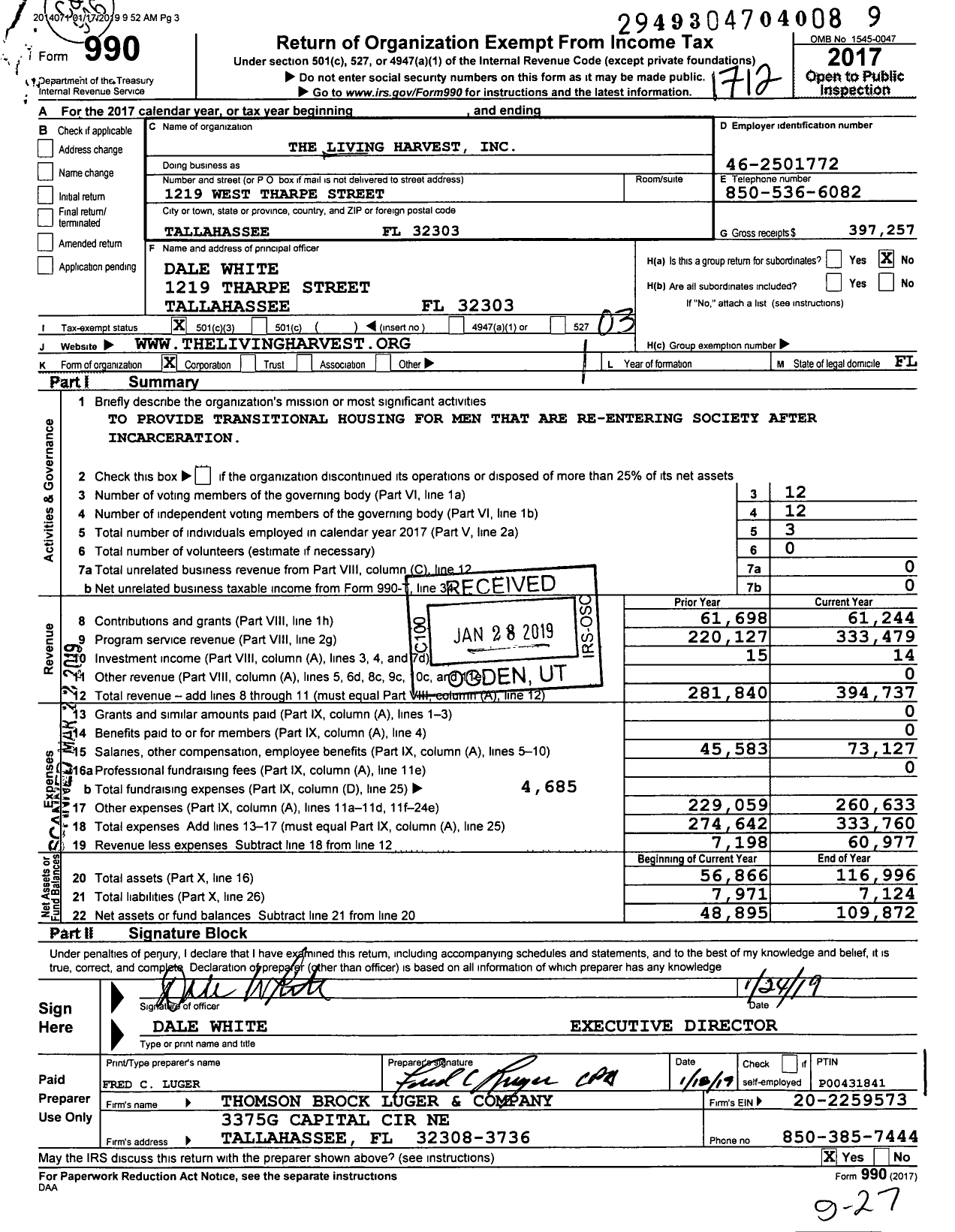 Image of first page of 2017 Form 990 for The Living Harvest