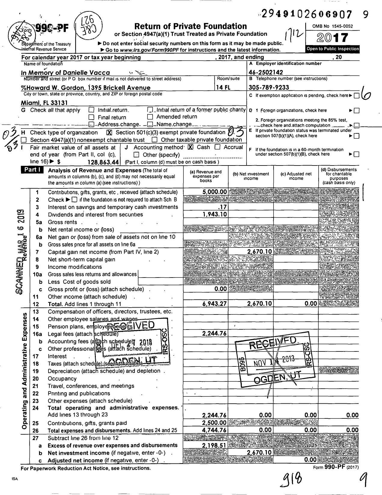 Image of first page of 2017 Form 990PF for In Memory of Danielle Vacca