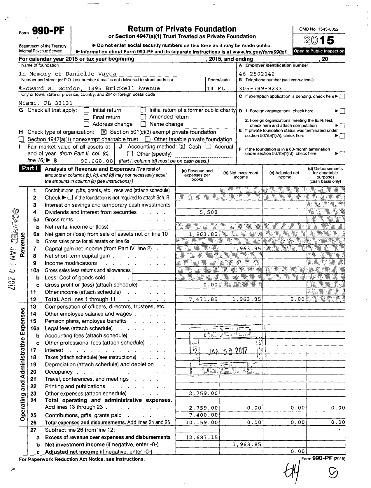 Image of first page of 2015 Form 990PF for In Memory of Danielle Vacca