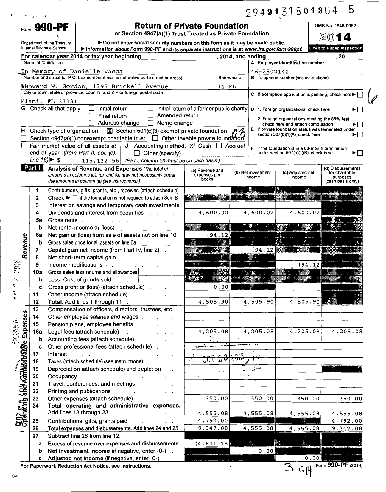 Image of first page of 2014 Form 990PF for In Memory of Danielle Vacca