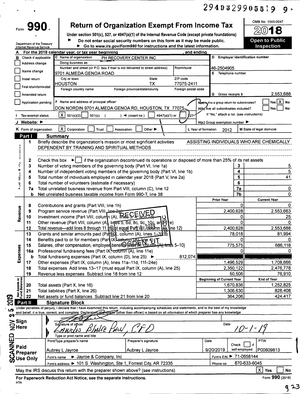 Image of first page of 2018 Form 990 for PH Recovery Center