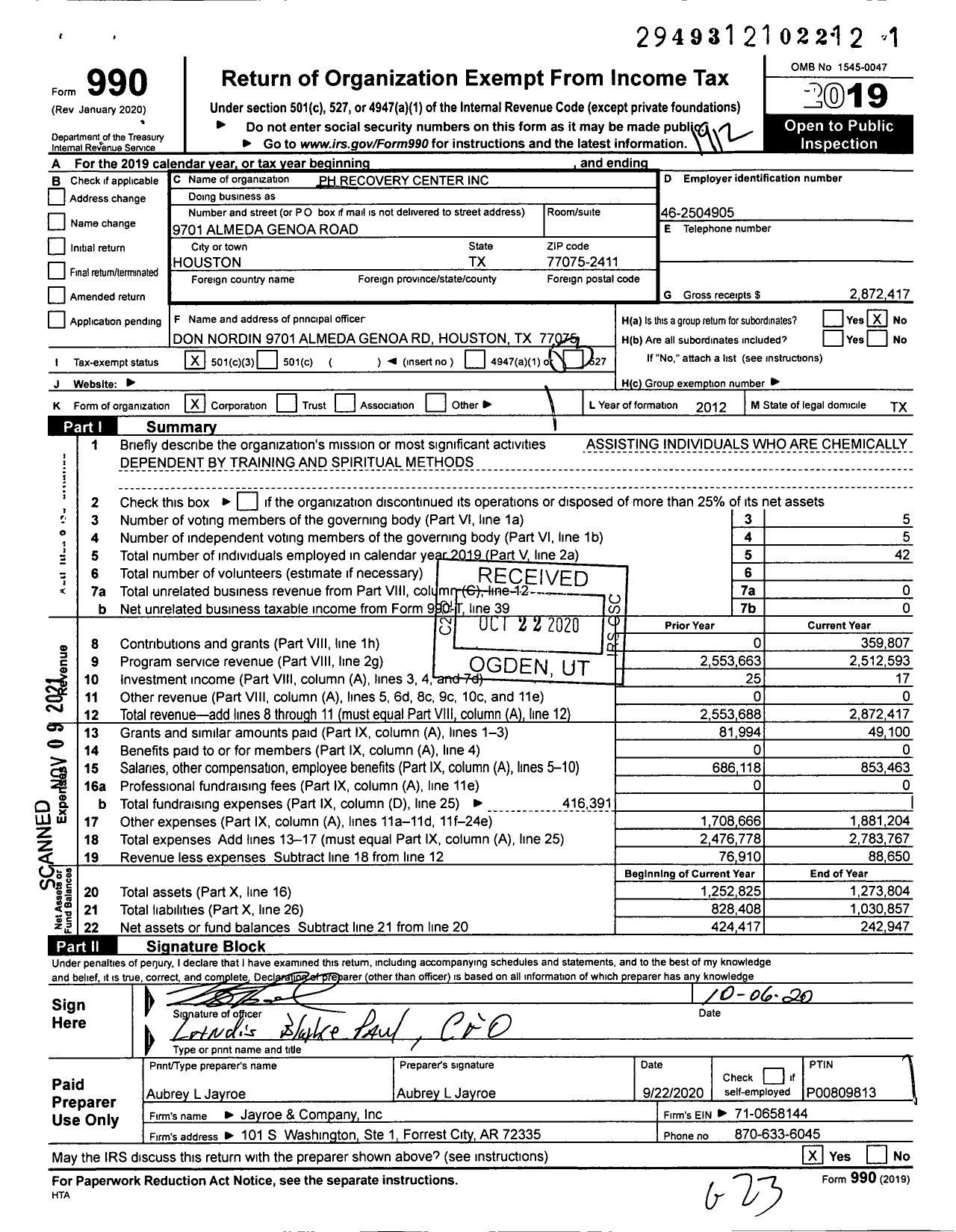 Image of first page of 2019 Form 990 for PH Recovery Center