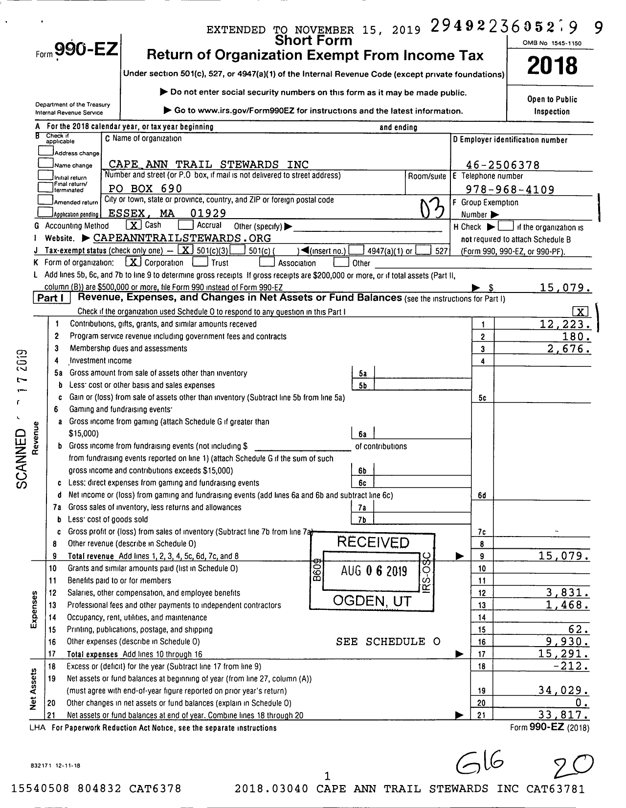 Image of first page of 2018 Form 990EZ for Cape Ann Trail Stewards