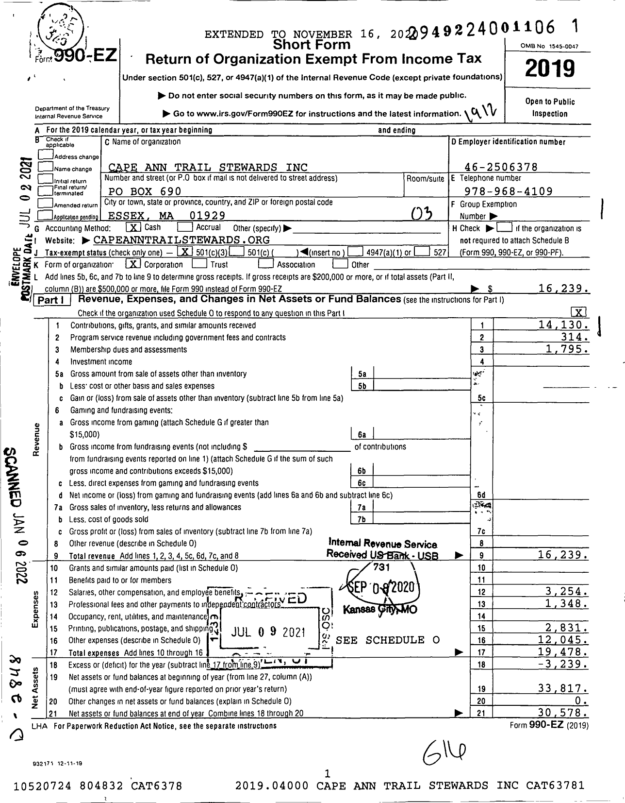 Image of first page of 2019 Form 990EZ for Cape Ann Trail Stewards