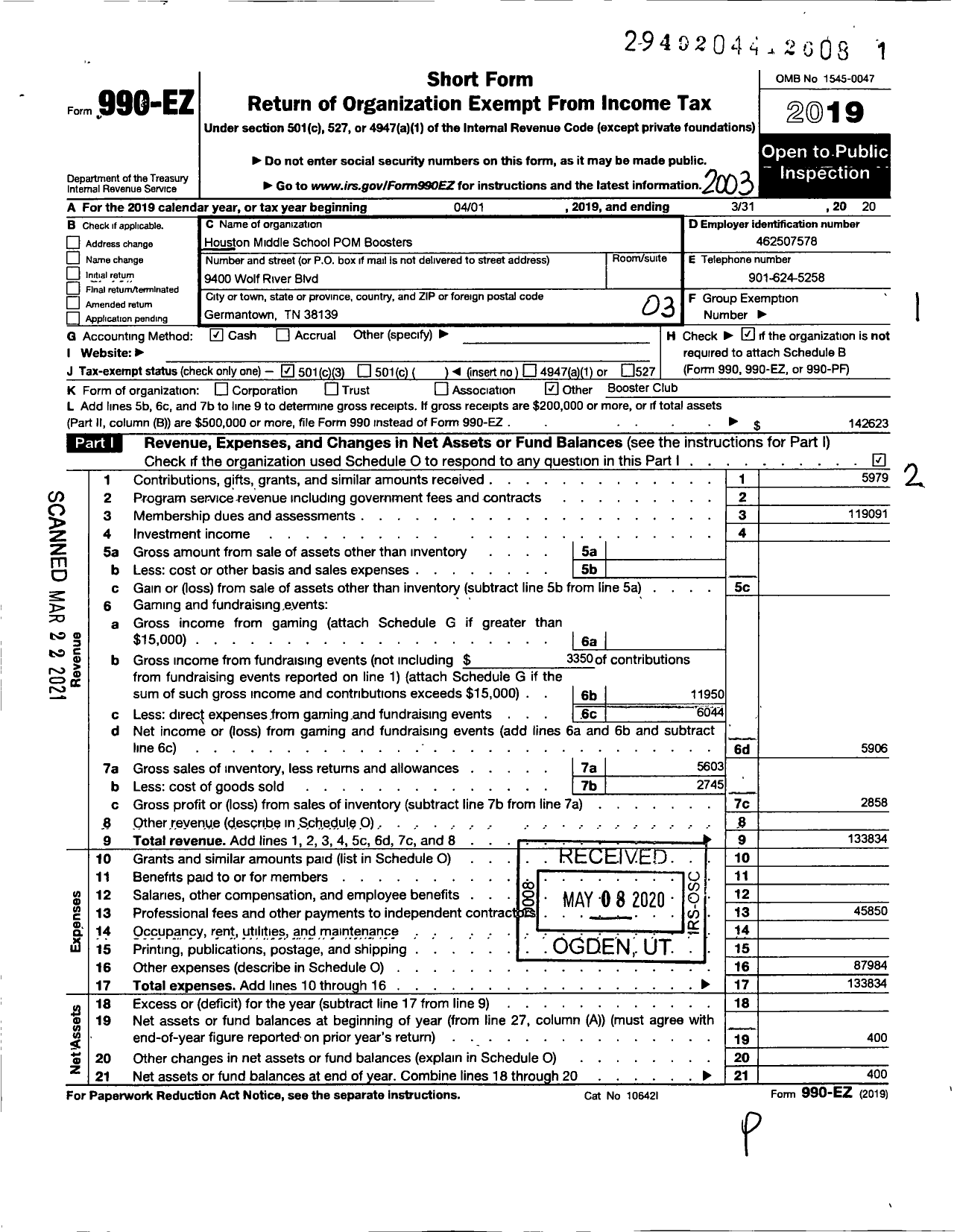 Image of first page of 2019 Form 990EZ for Houston Middle School Pom Boosters