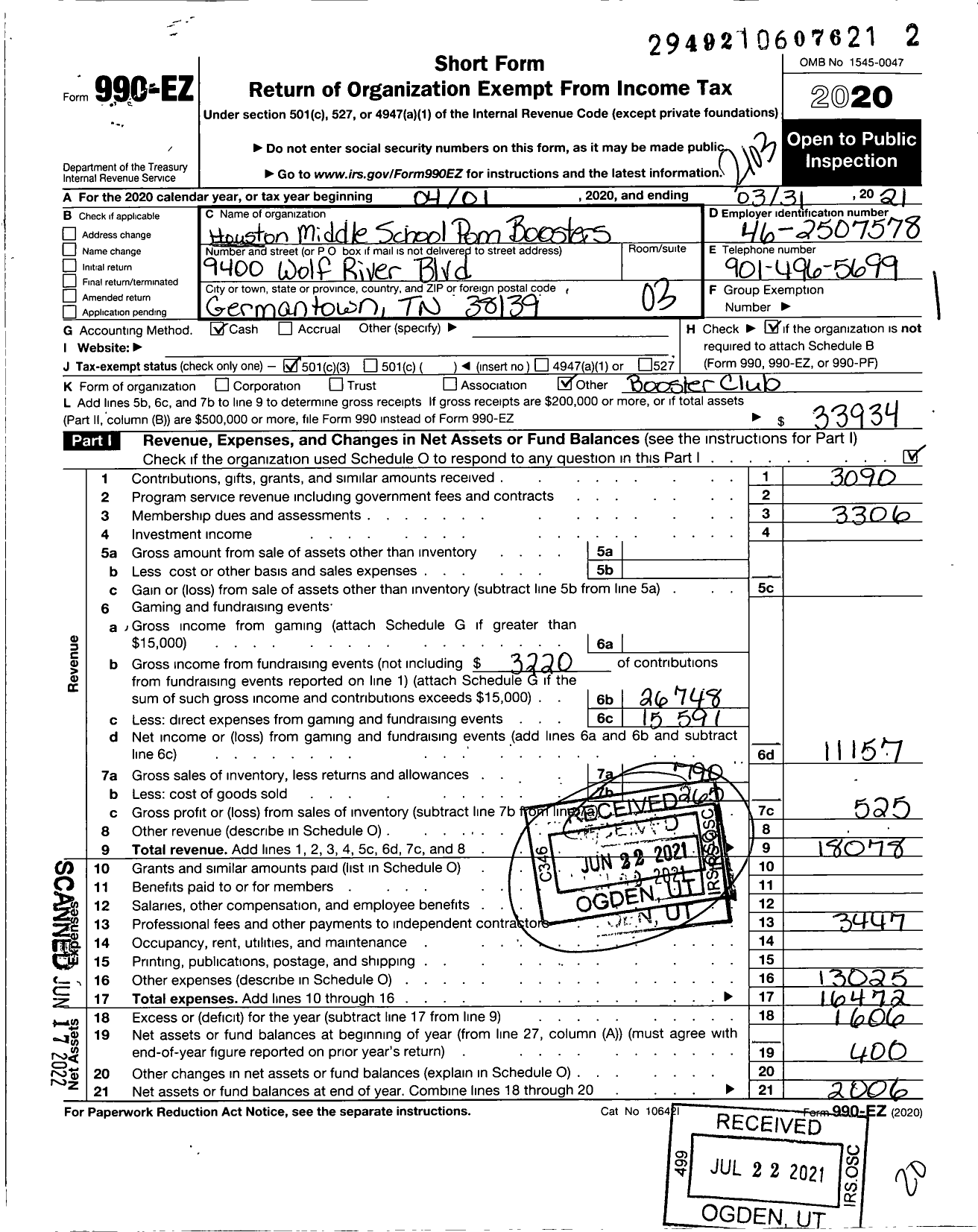 Image of first page of 2020 Form 990EZ for Houston Middle School Pom Boosters