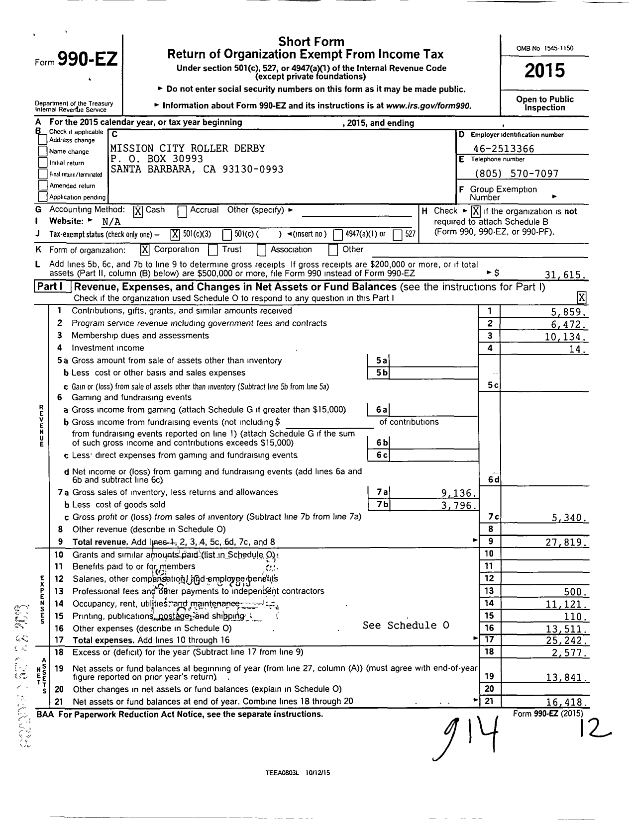 Image of first page of 2015 Form 990EZ for Mission City Roller Derby