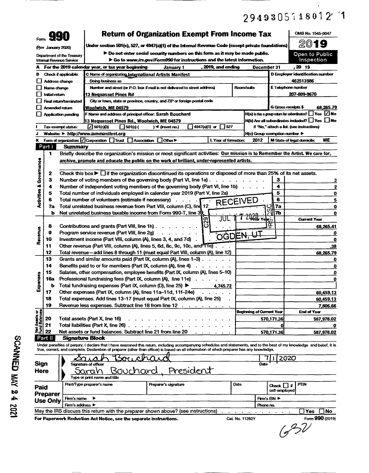 Image of first page of 2019 Form 990 for International Artists Manifest