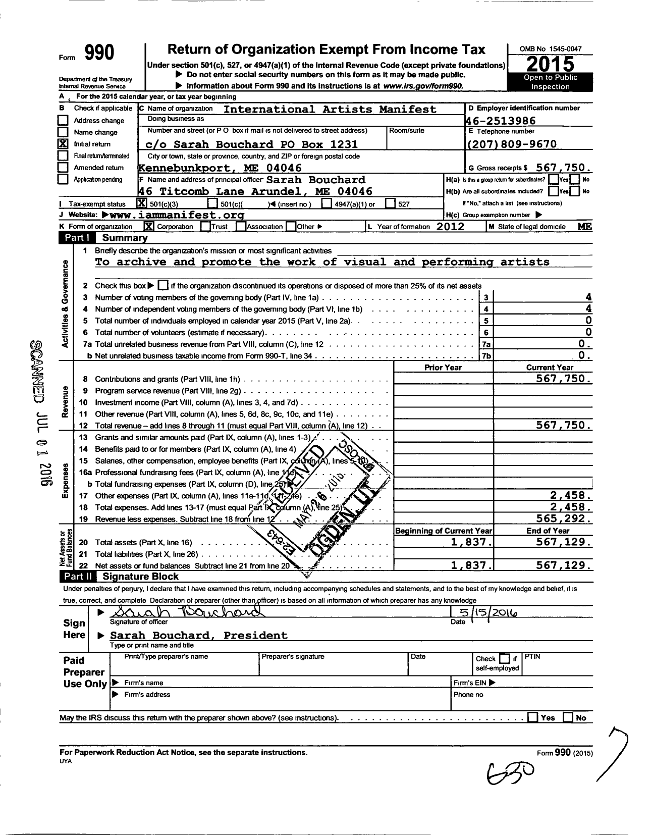 Image of first page of 2015 Form 990 for International Artists Manifest