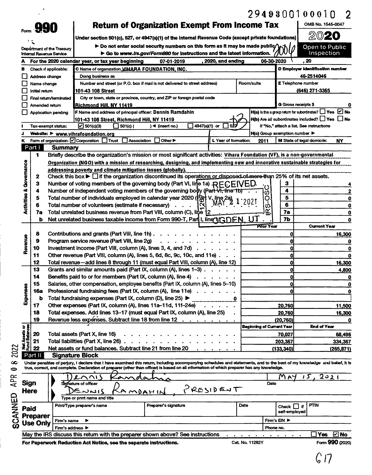 Image of first page of 2019 Form 990 for Vihara Foundation