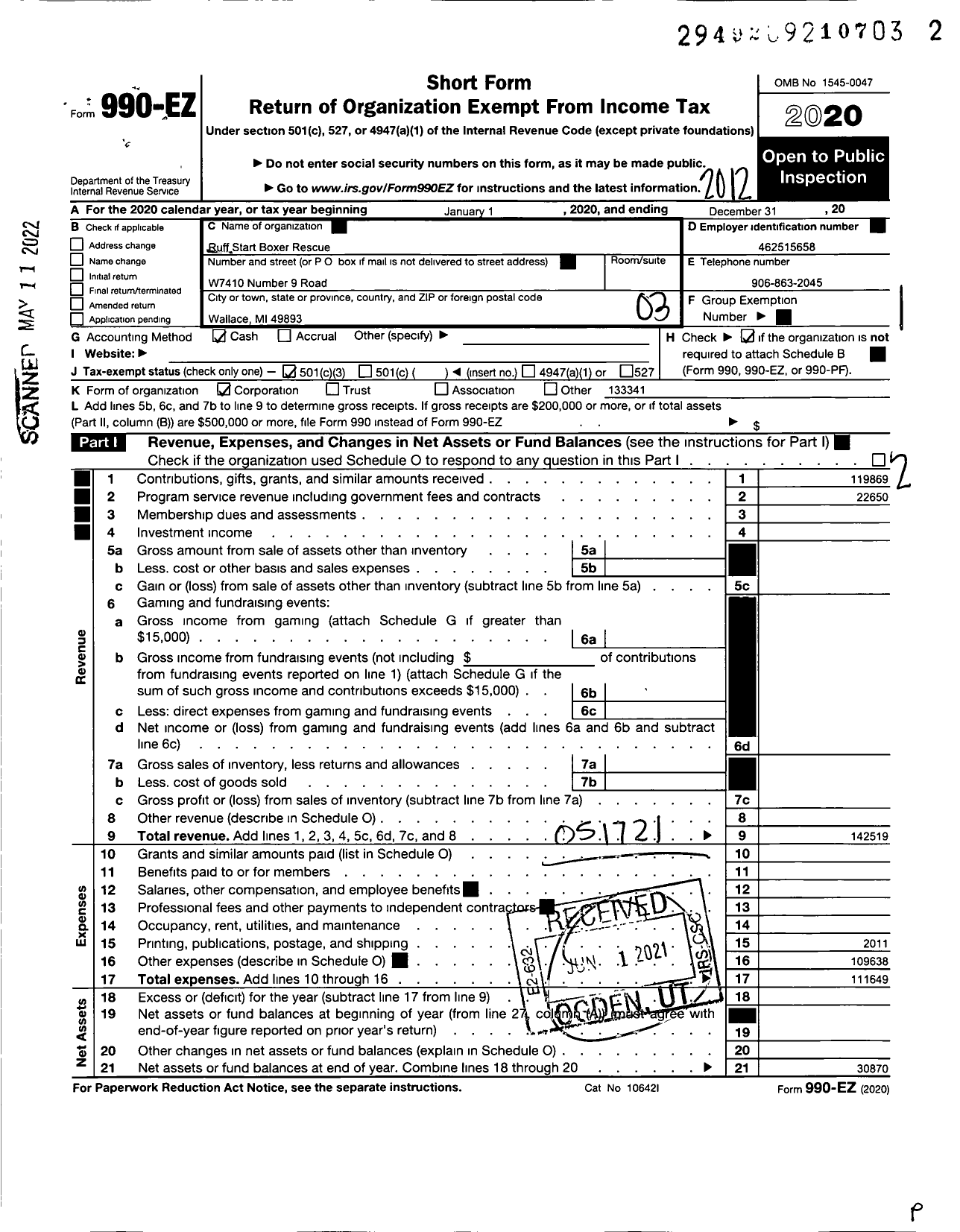 Image of first page of 2020 Form 990EZ for Ruff Start Boxer Rescue