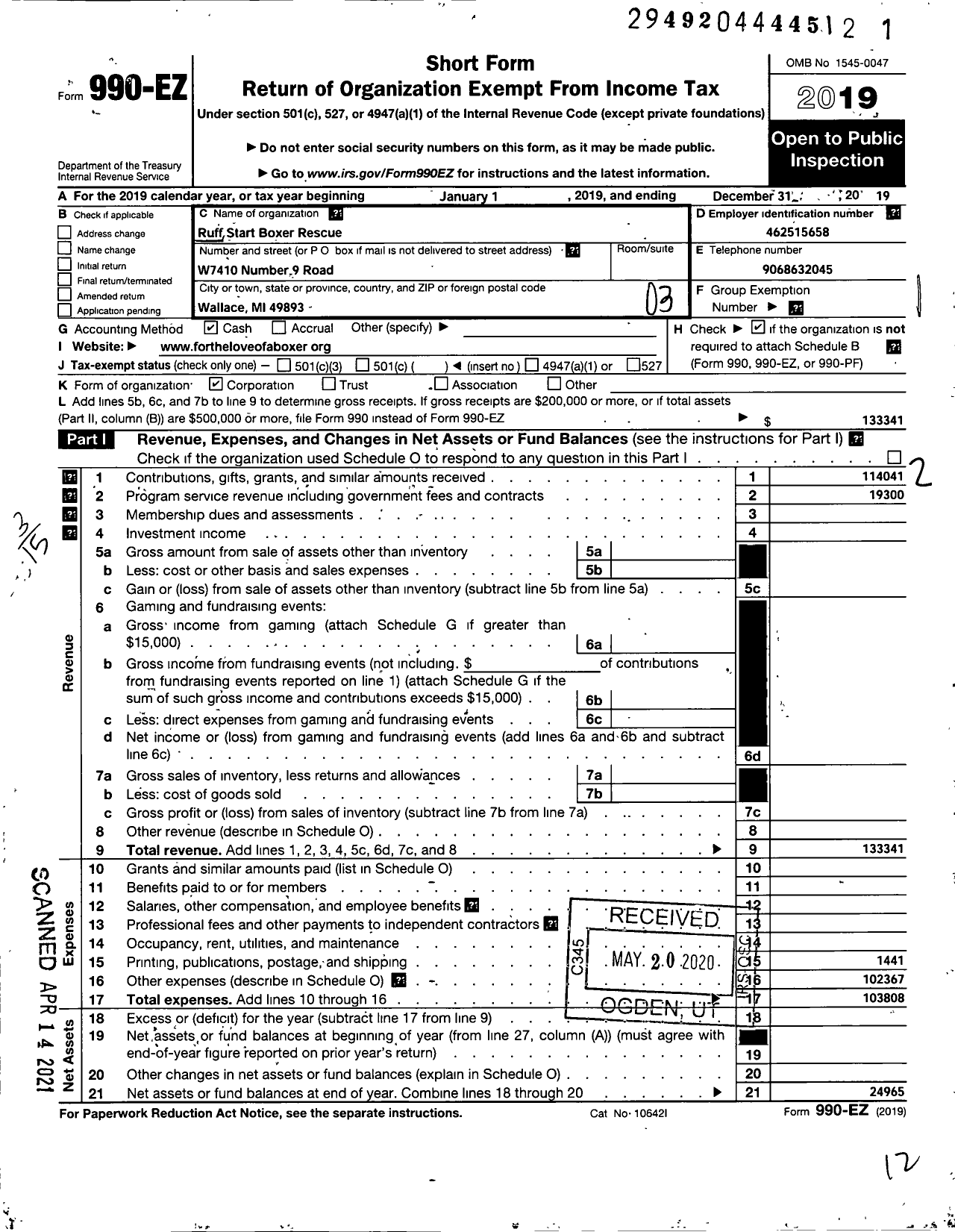 Image of first page of 2019 Form 990EZ for Ruff Start Boxer Rescue