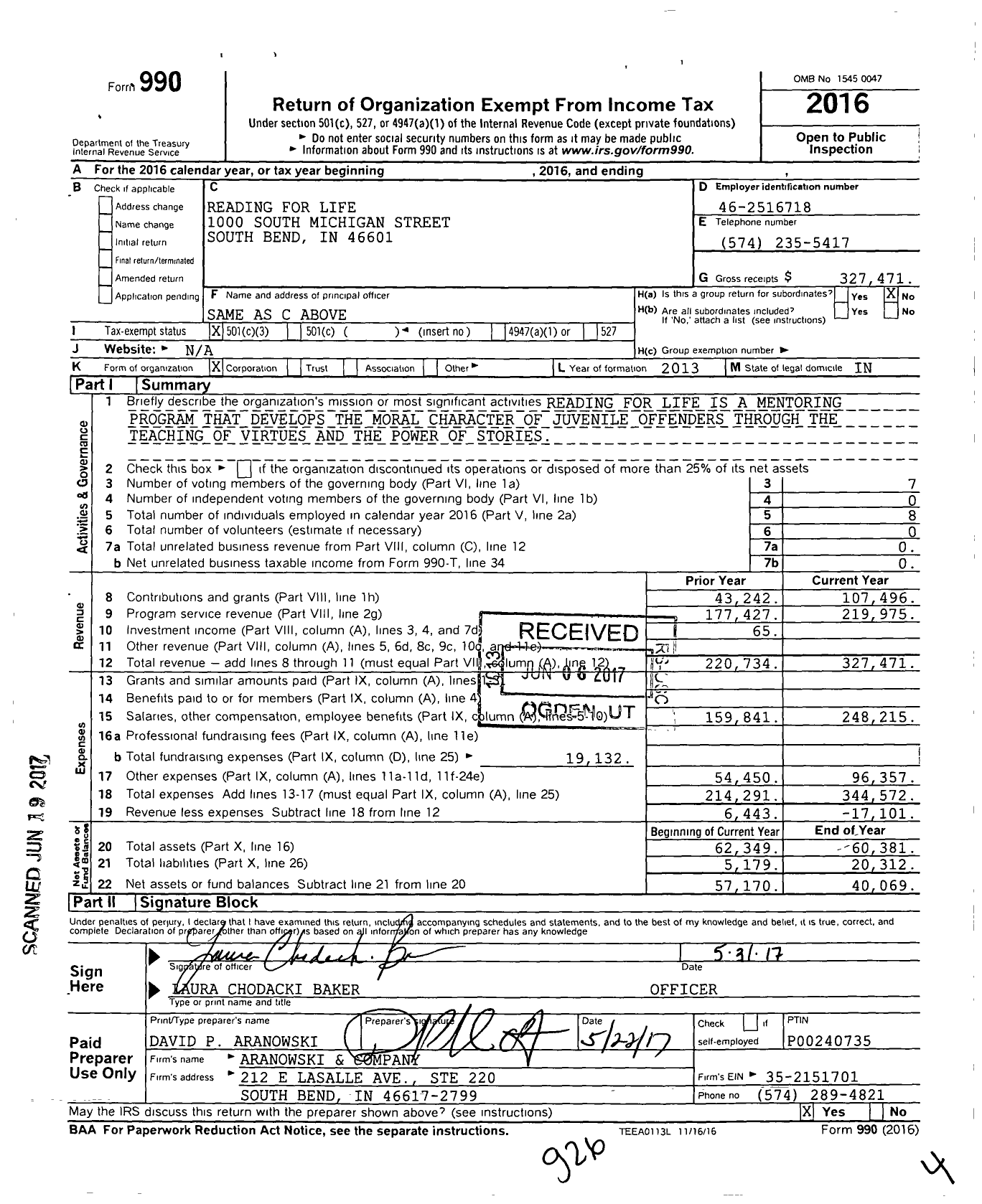 Image of first page of 2016 Form 990 for Reading for Life