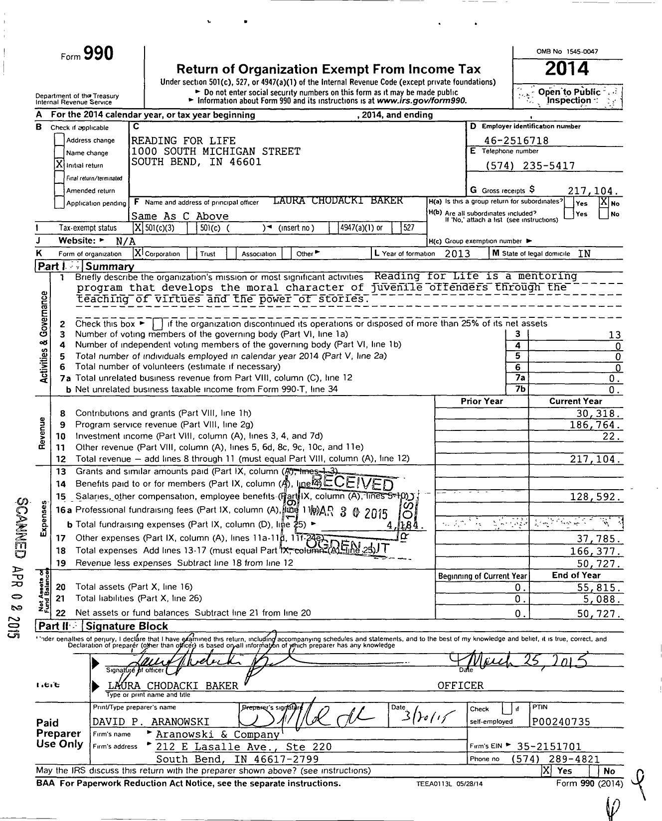 Image of first page of 2014 Form 990 for Reading for Life