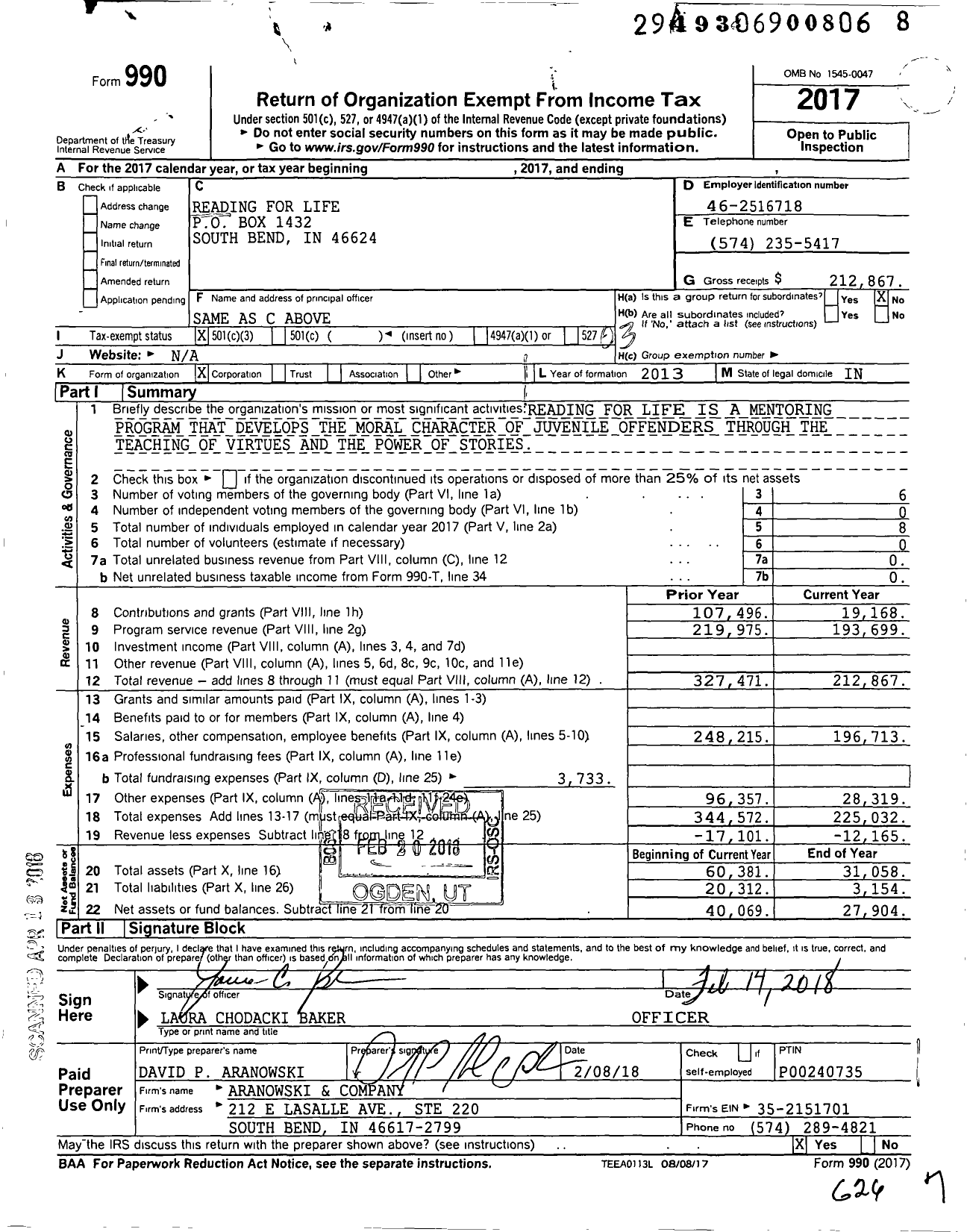 Image of first page of 2017 Form 990 for Reading for Life