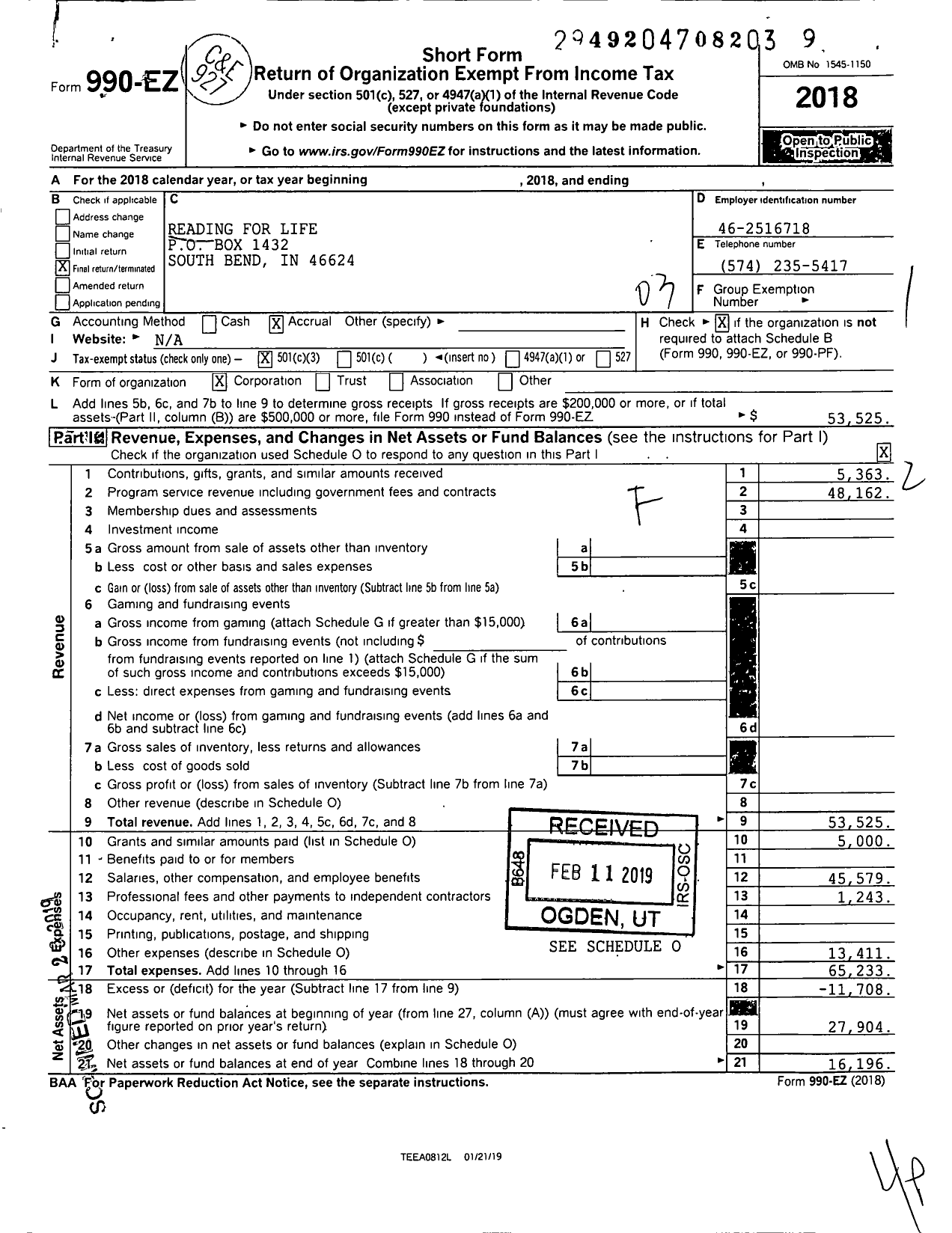 Image of first page of 2018 Form 990EZ for Reading for Life