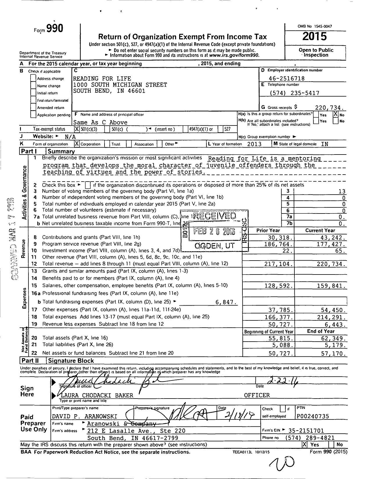 Image of first page of 2015 Form 990 for Reading for Life