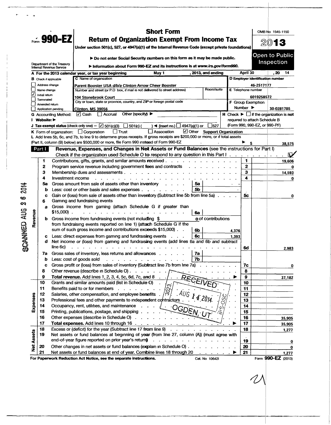 Image of first page of 2013 Form 990EZ for Parent Booster USA / Clinton Arrows Cheer Booster Club