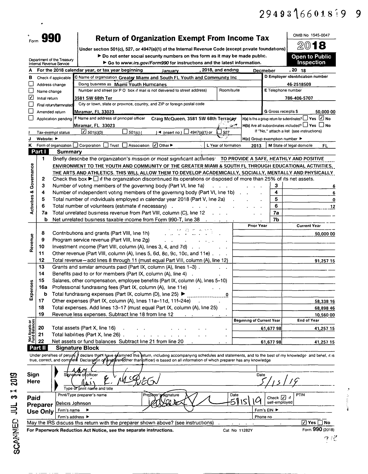 Image of first page of 2018 Form 990 for Greater Miami and South Florida Youth and Community