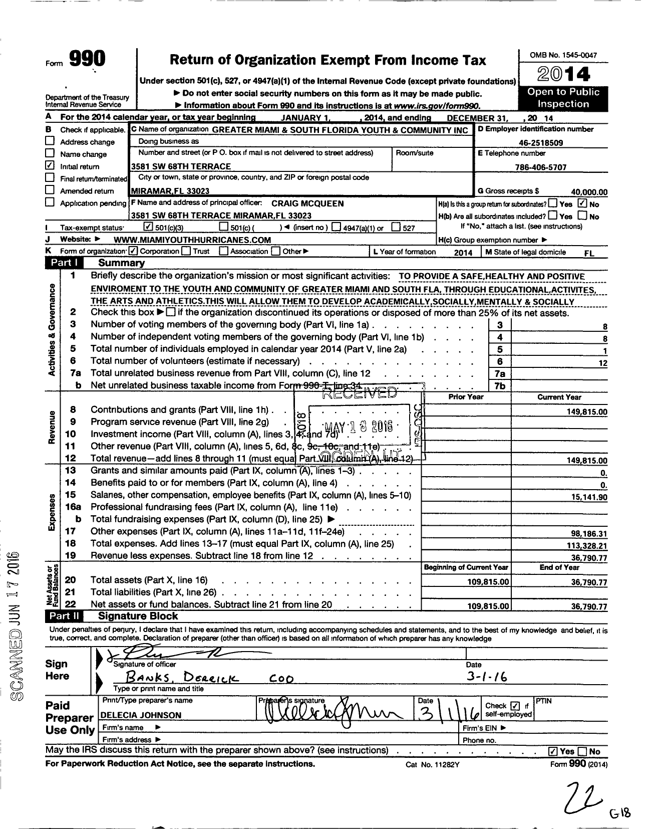 Image of first page of 2014 Form 990 for Miami Youth Hurricanes AcademicsSports