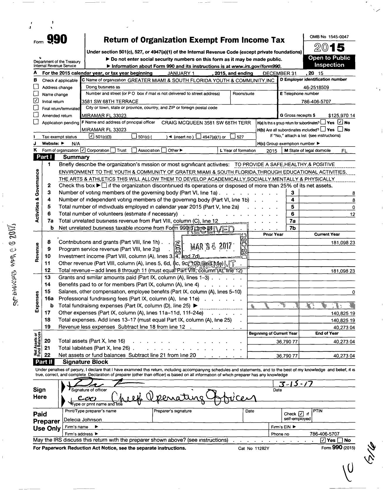 Image of first page of 2015 Form 990 for Greater Miami and South Florida Youth and Community