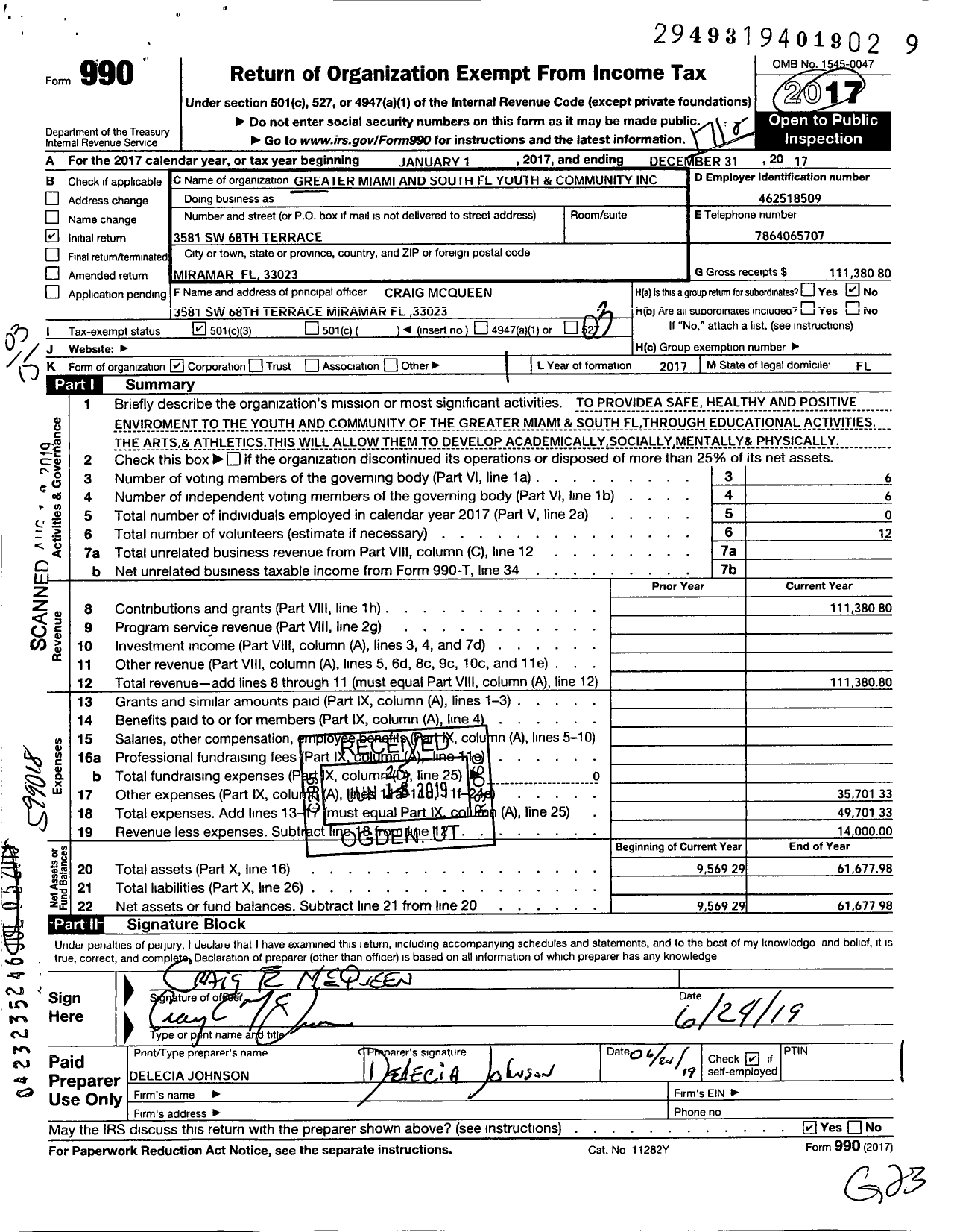 Image of first page of 2017 Form 990 for Greater Miami and South Florida Youth and Community