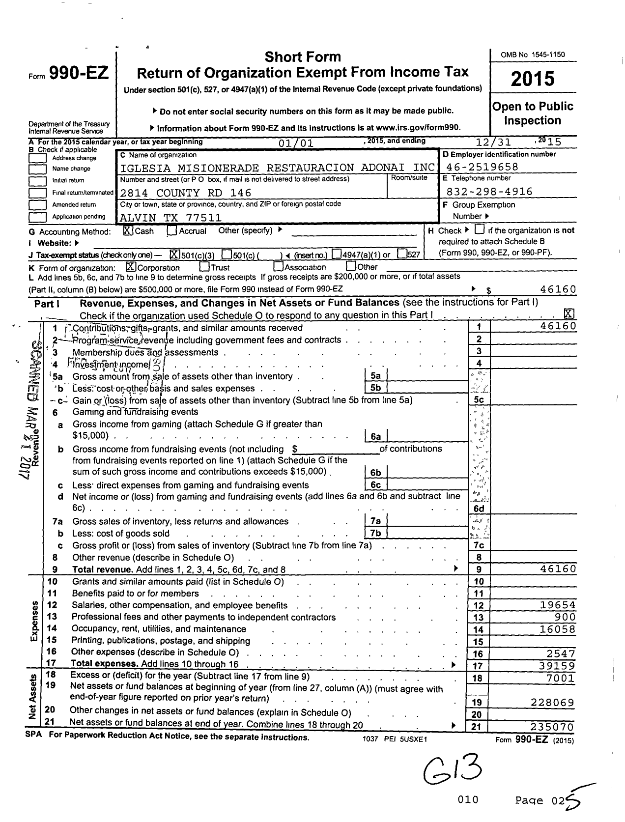 Image of first page of 2015 Form 990EZ for Iglesia Misionera de Restauracion