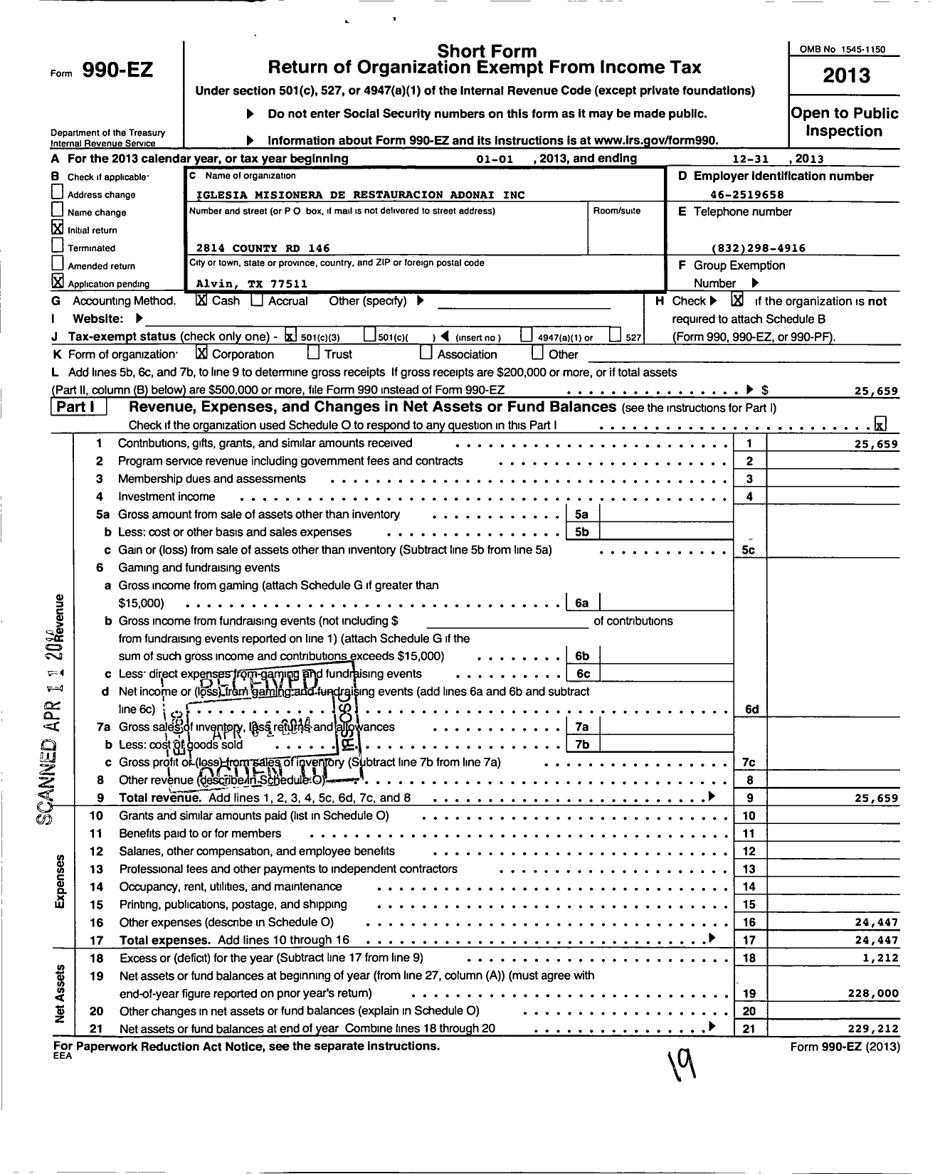 Image of first page of 2013 Form 990EZ for Iglesia Misionera de Restauracion